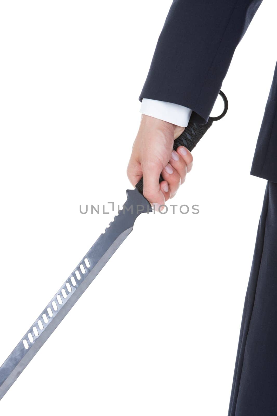 Young Businessman Standing With Sword Over White Background