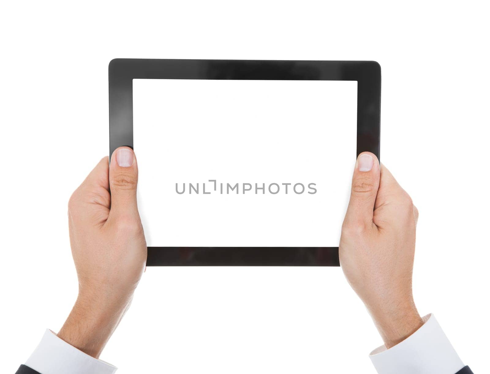 Close-up Of Hand Holding Digital Tablet Over White Background