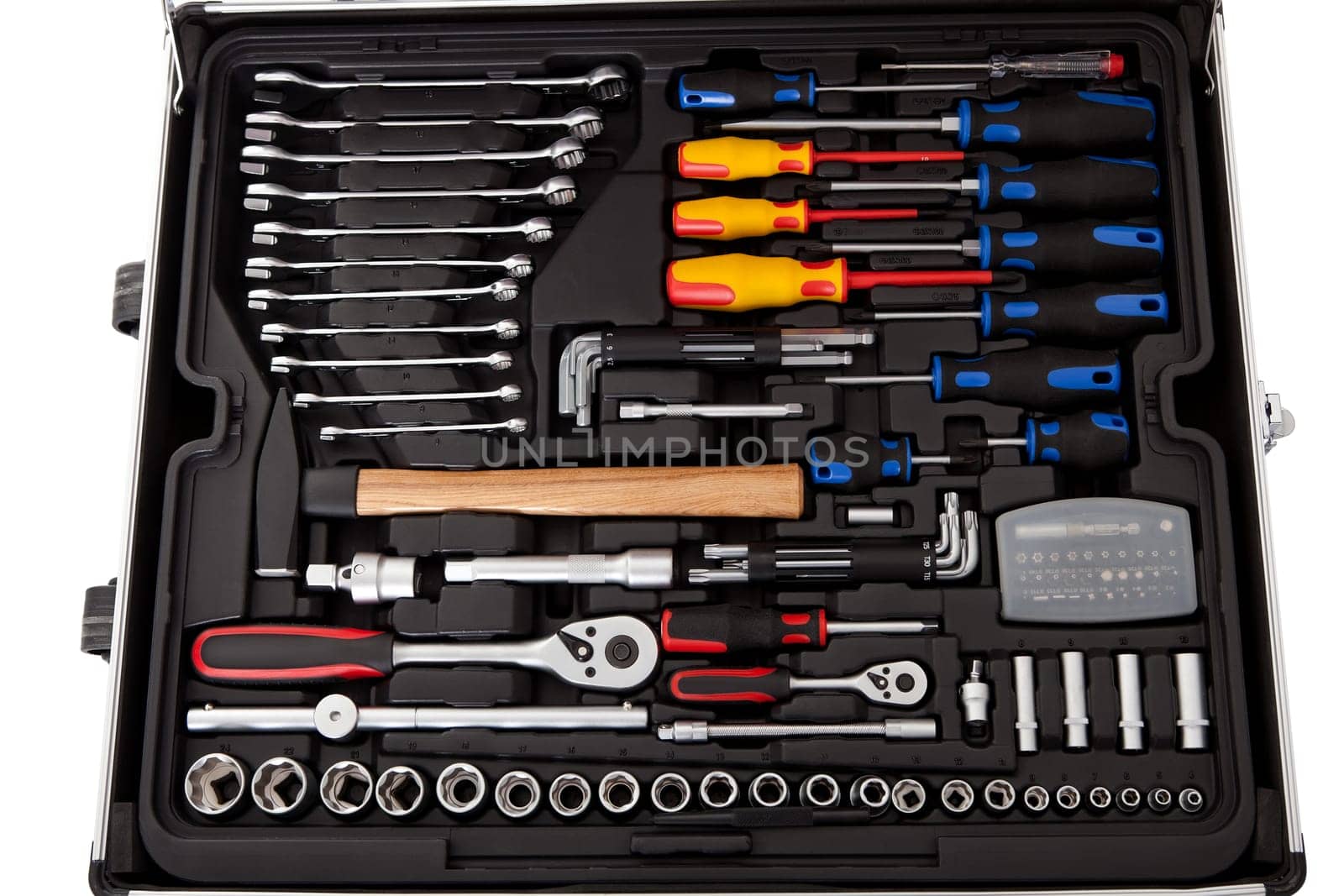 Suitcase full of various tools. Isolated on white