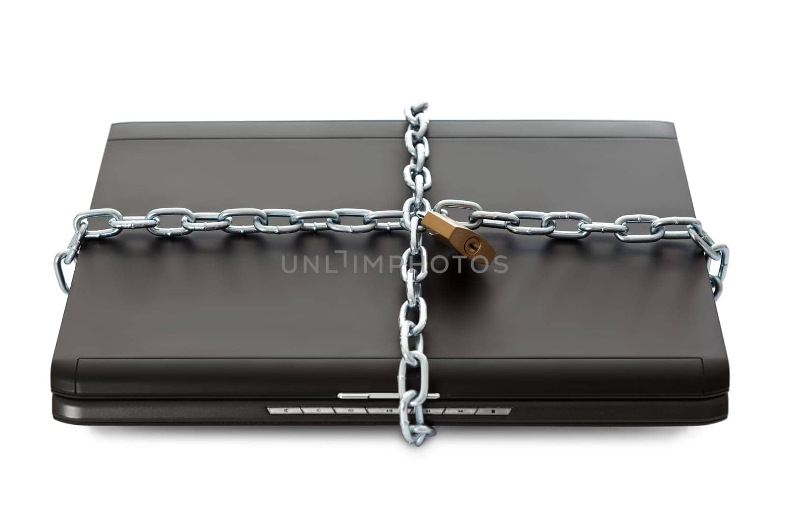 Laptop with chains and lock. Security concept. Isolated on white
