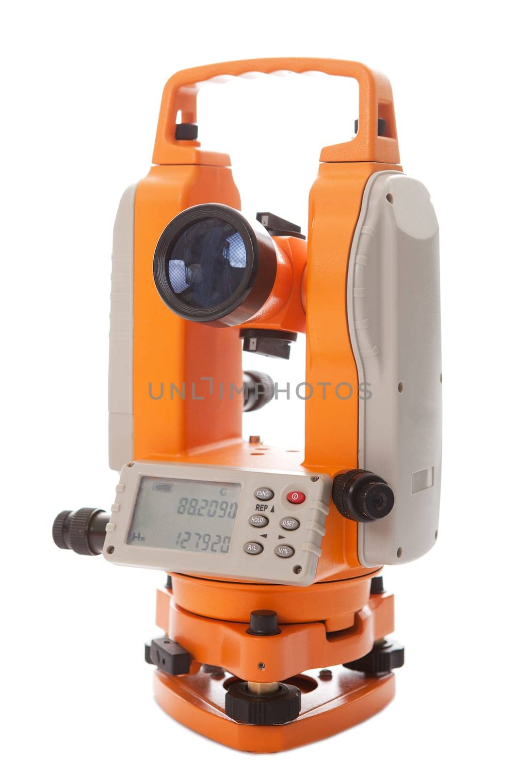 Survey equipment theodolite with digital display. Isolated on white