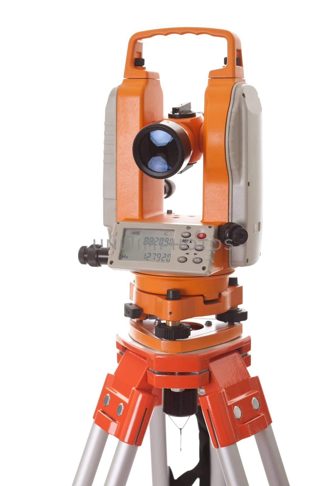 Survey equipment theodolite with digital display. Isolated on white