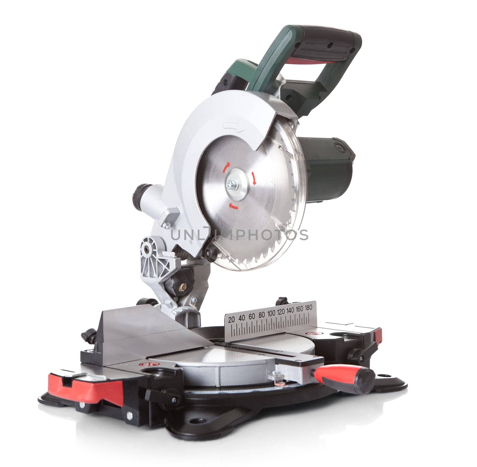 Electrical saw with circular blade for wood. Isolated on white