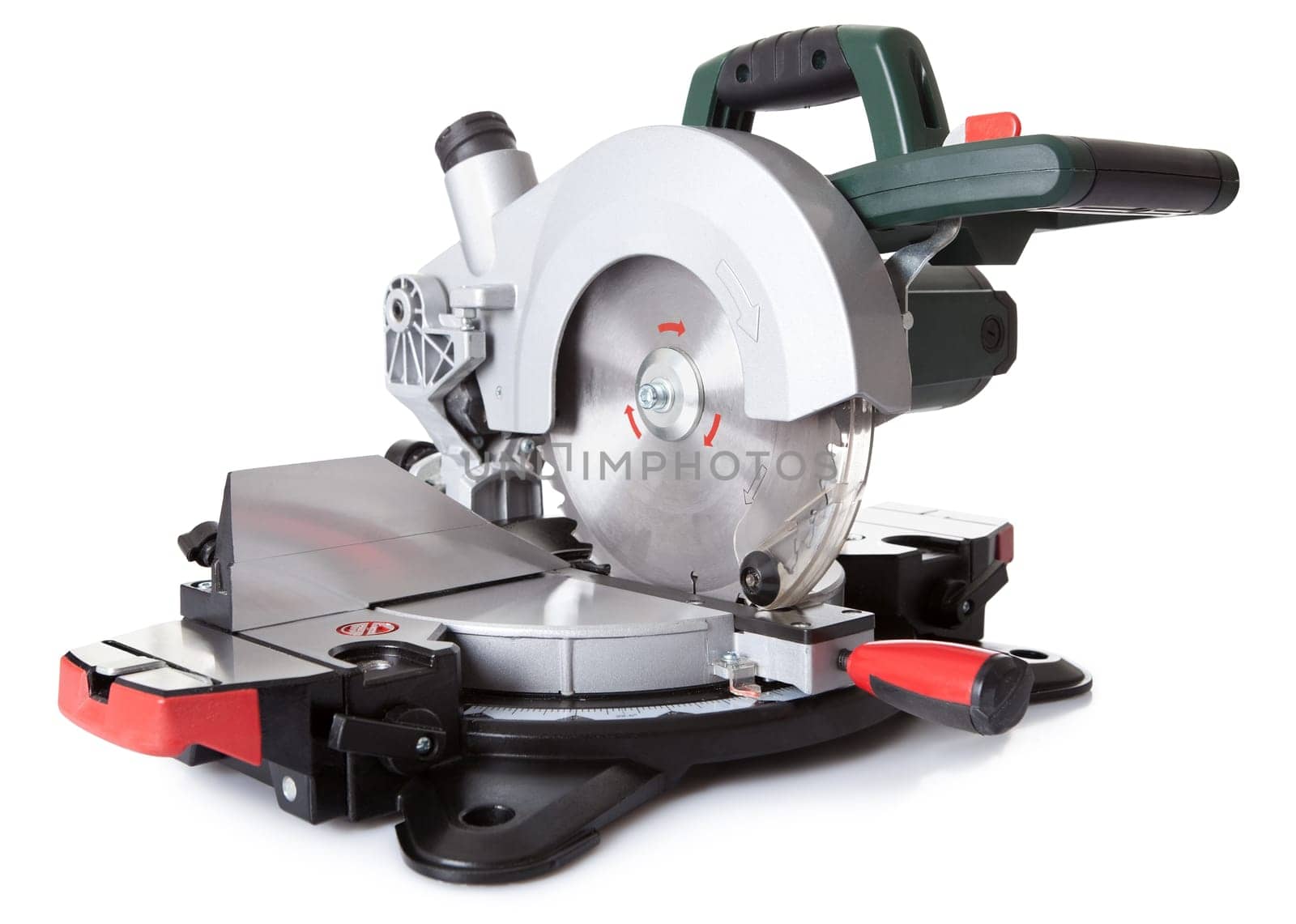 Electrical saw with circular blade for wood. Isolated on white