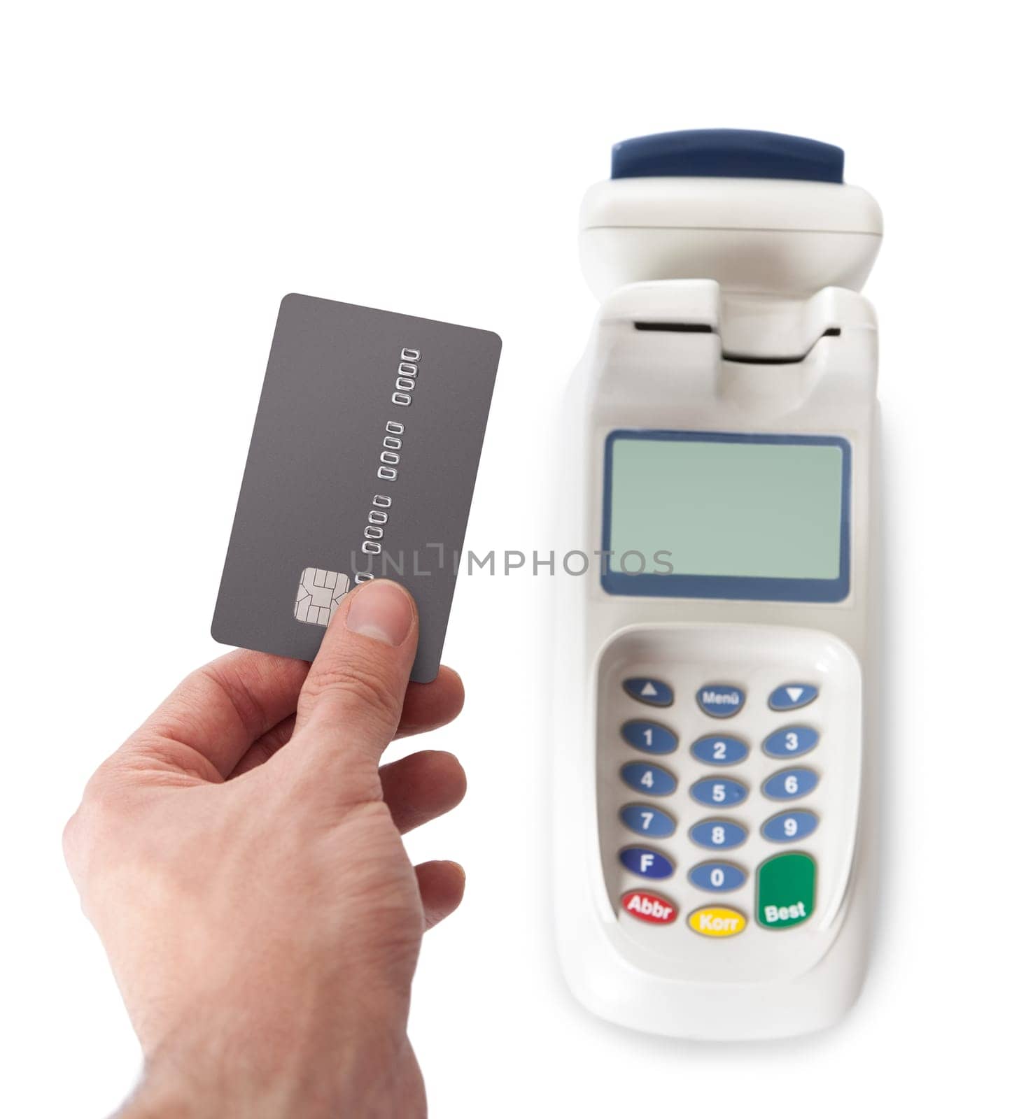 Paying with credit card using bank terminal. Isolated on white