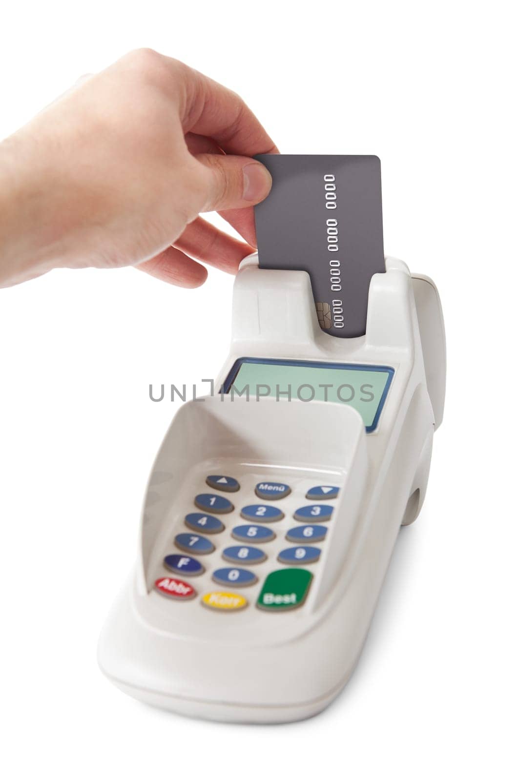 Inserting credit card into bank terminal. Isolated on white