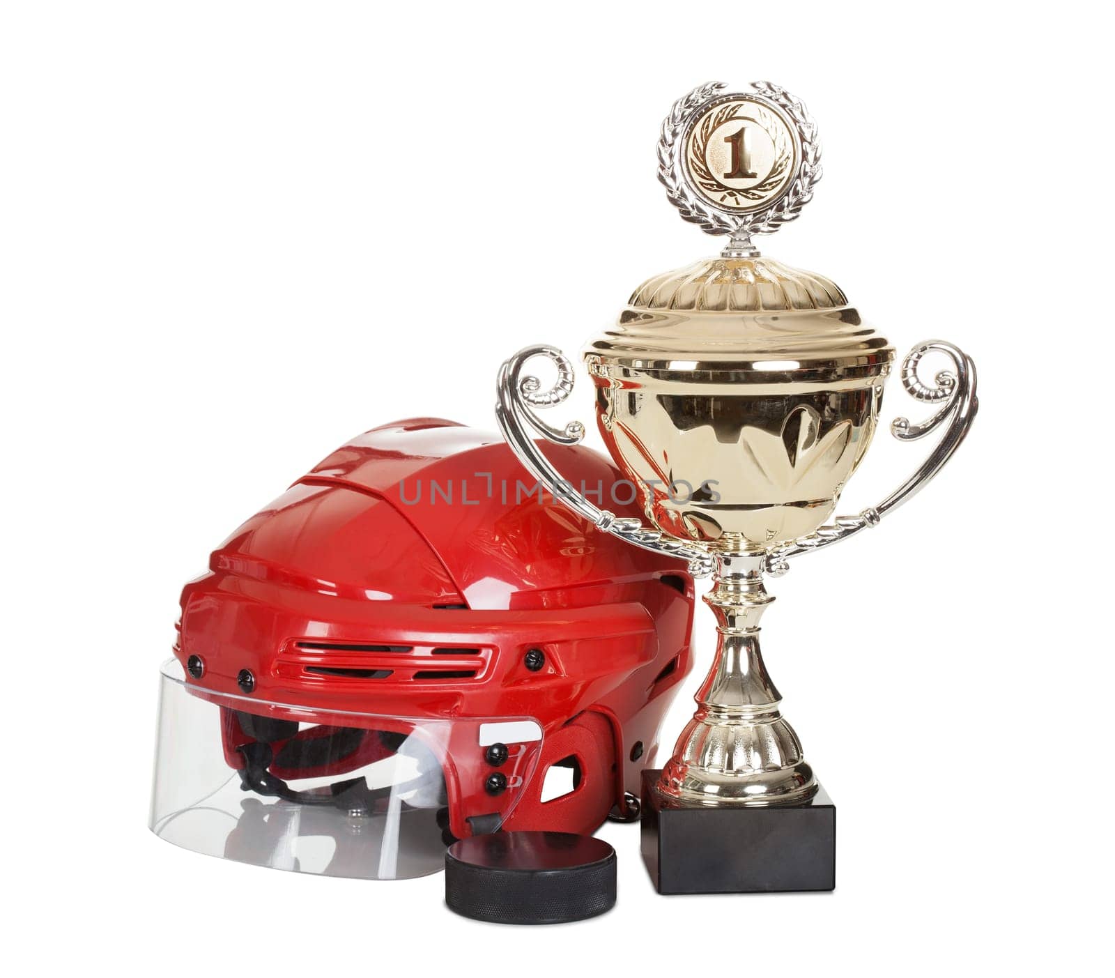 Hockey helmet and puck. Isolated on white