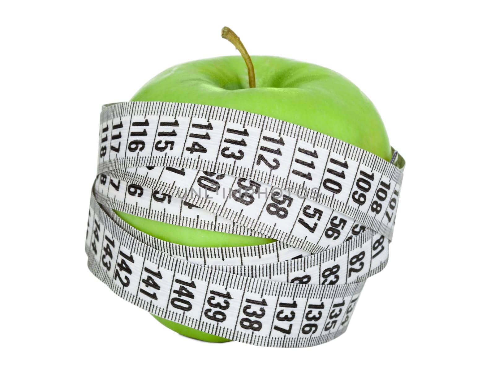 Apple wrapped in measuring tape. Diet concept. Isolated in white