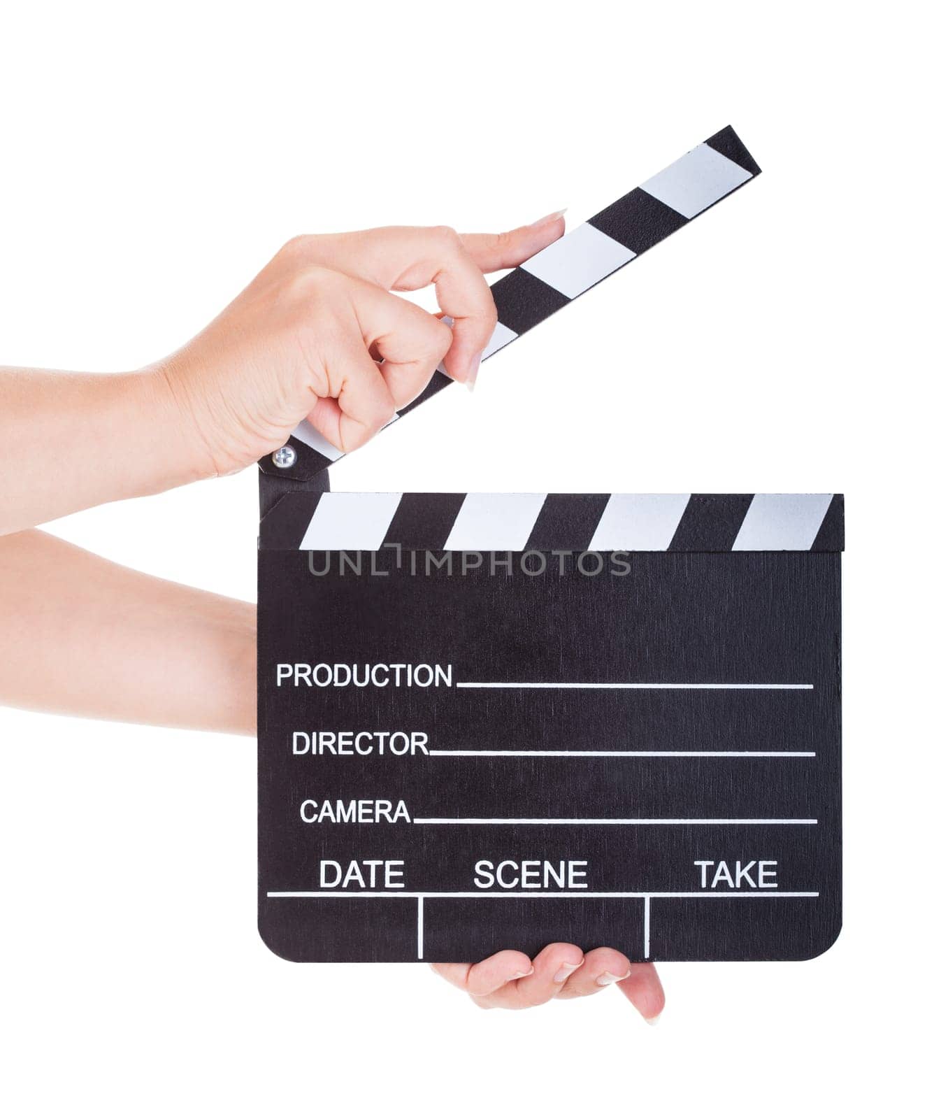 Close-up Of Hand Holding Clapperboard On White Background