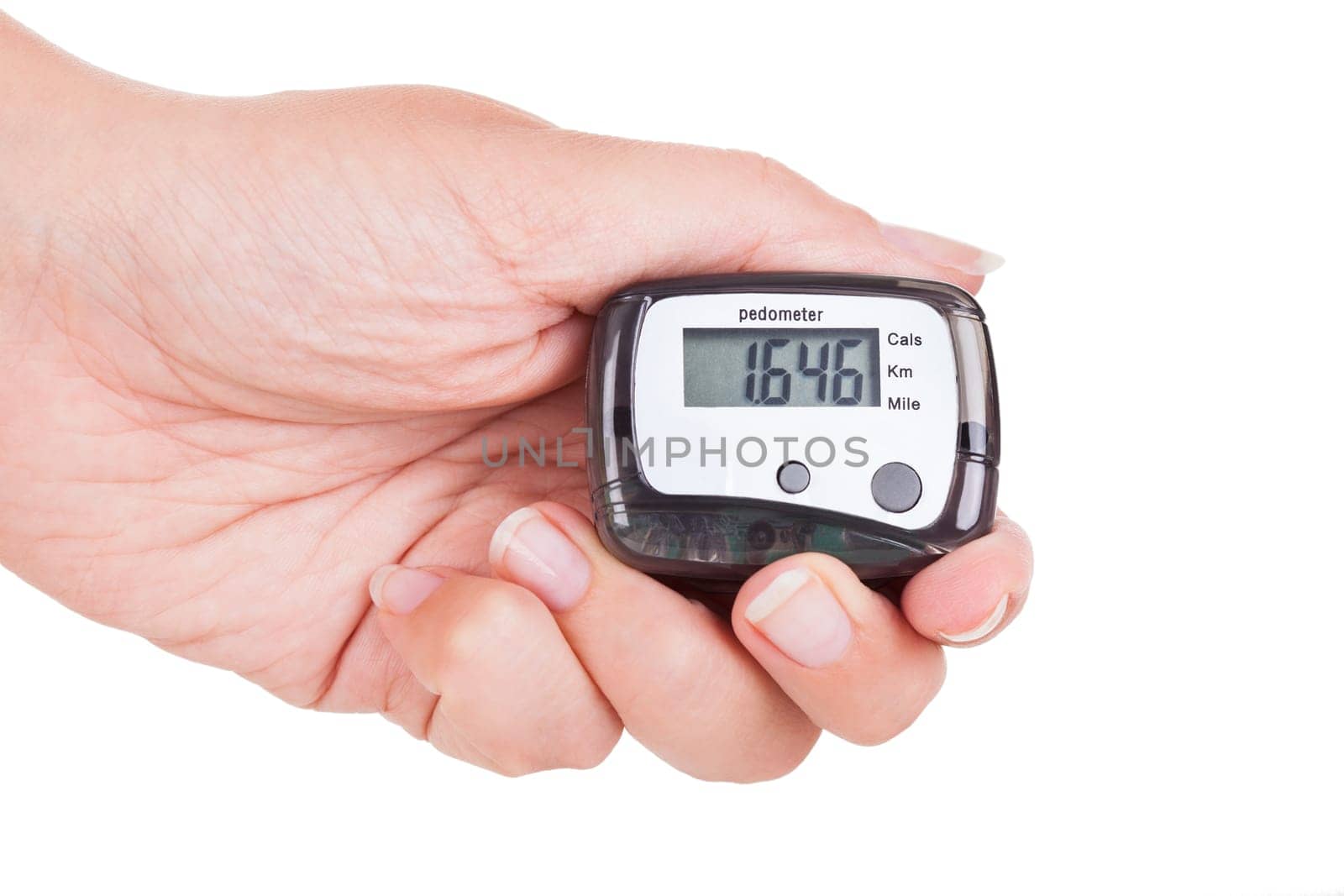Close-up Of Hand  Holding Digital Pedometer On White Background