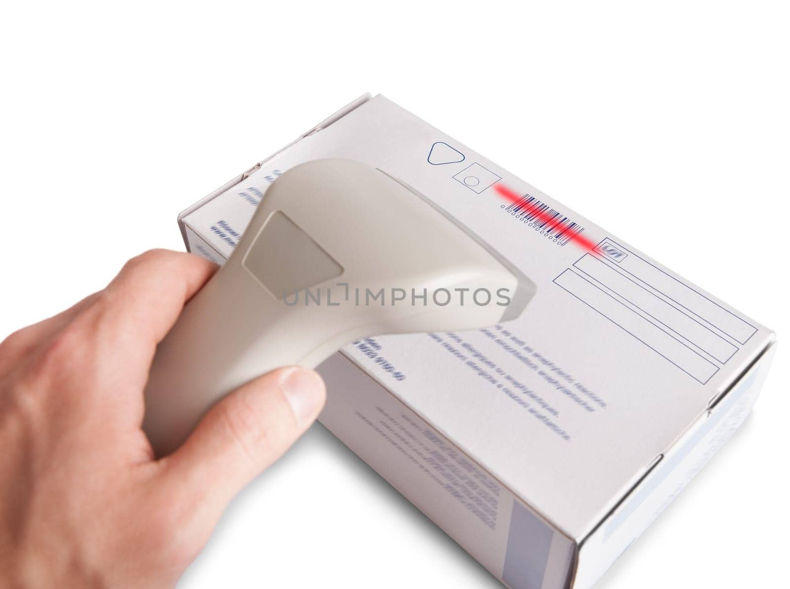 Man using a barcode scanner to scan a barcode on a product box using infrared isolated on white