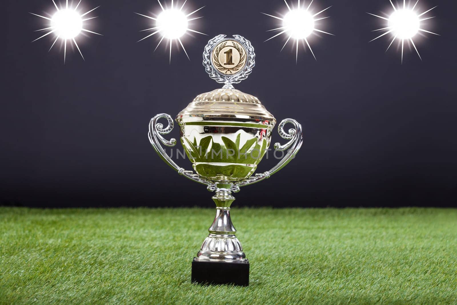 Close-up Of Trophy Cup Lying On Green Pitch Filed