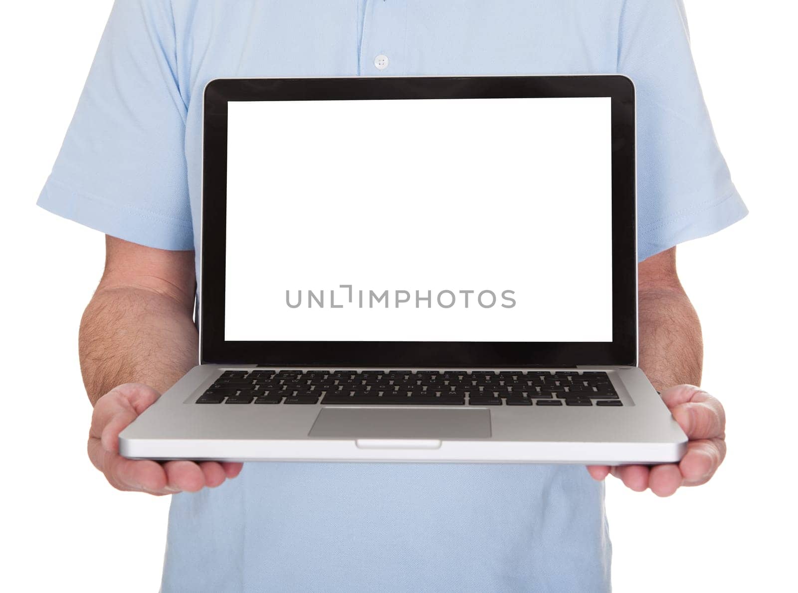 Mature Man Holding Laptop Over White Background