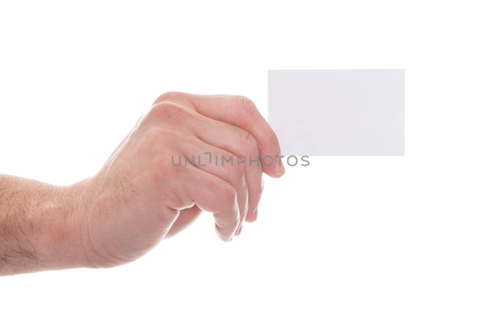 Close-up Of Man's Hand Holding Blank Visiting Card On White Background