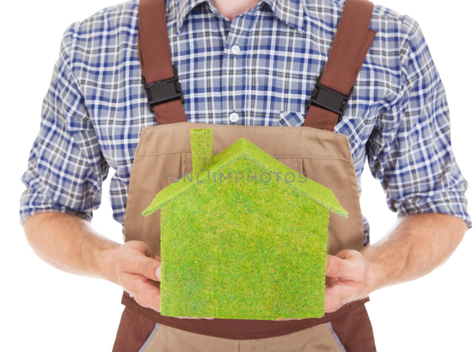 Portrait Of A Construction Worker Holding Green Ecological House