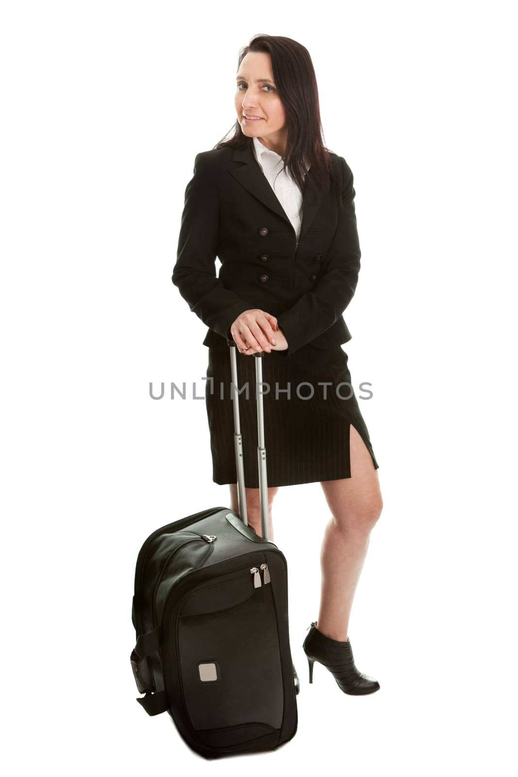 Cheerful businesswomen with travel bag. Isoalted on white