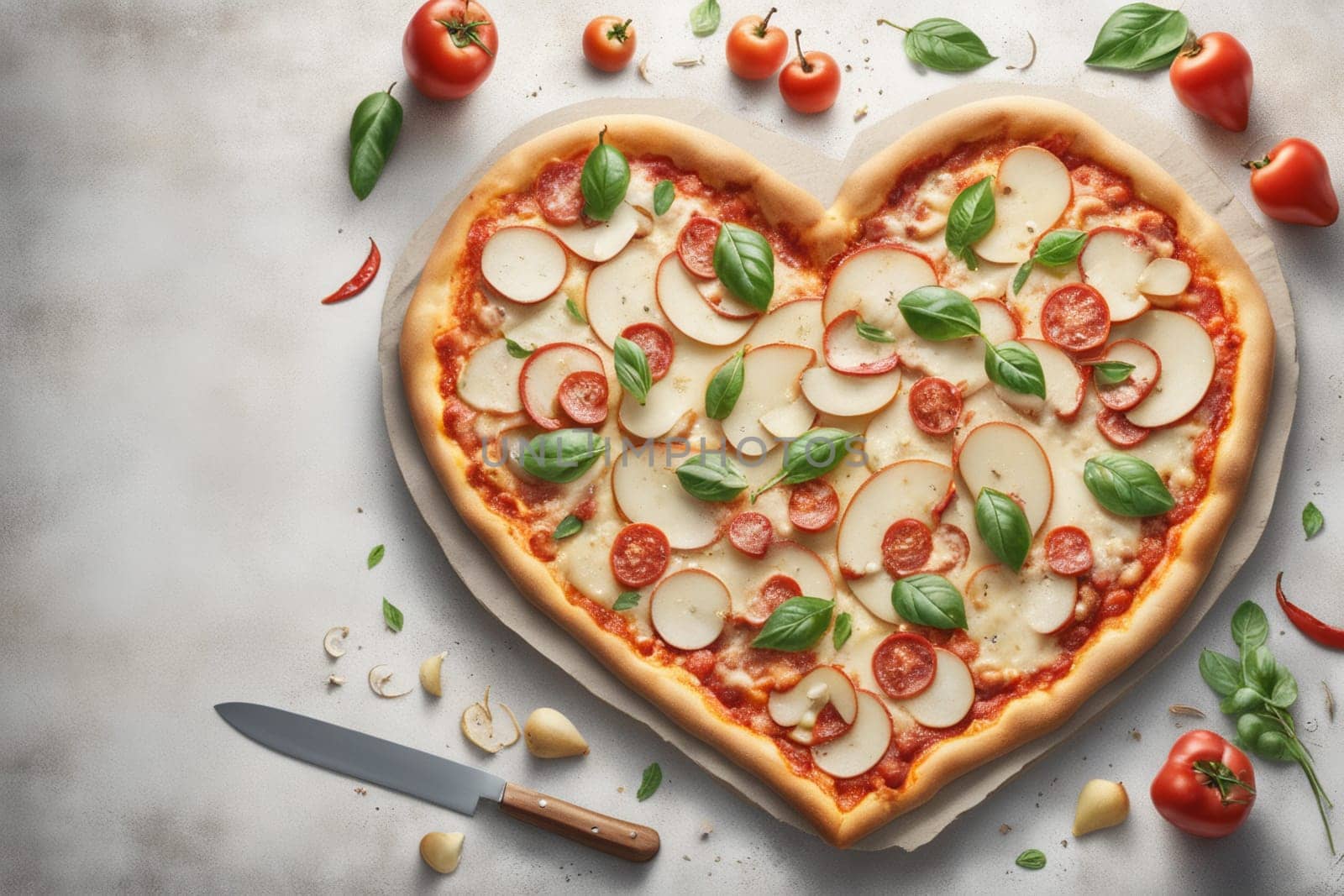 Italian Pizza with pear and gorgonzola in the shape of a heart and a pizza knife