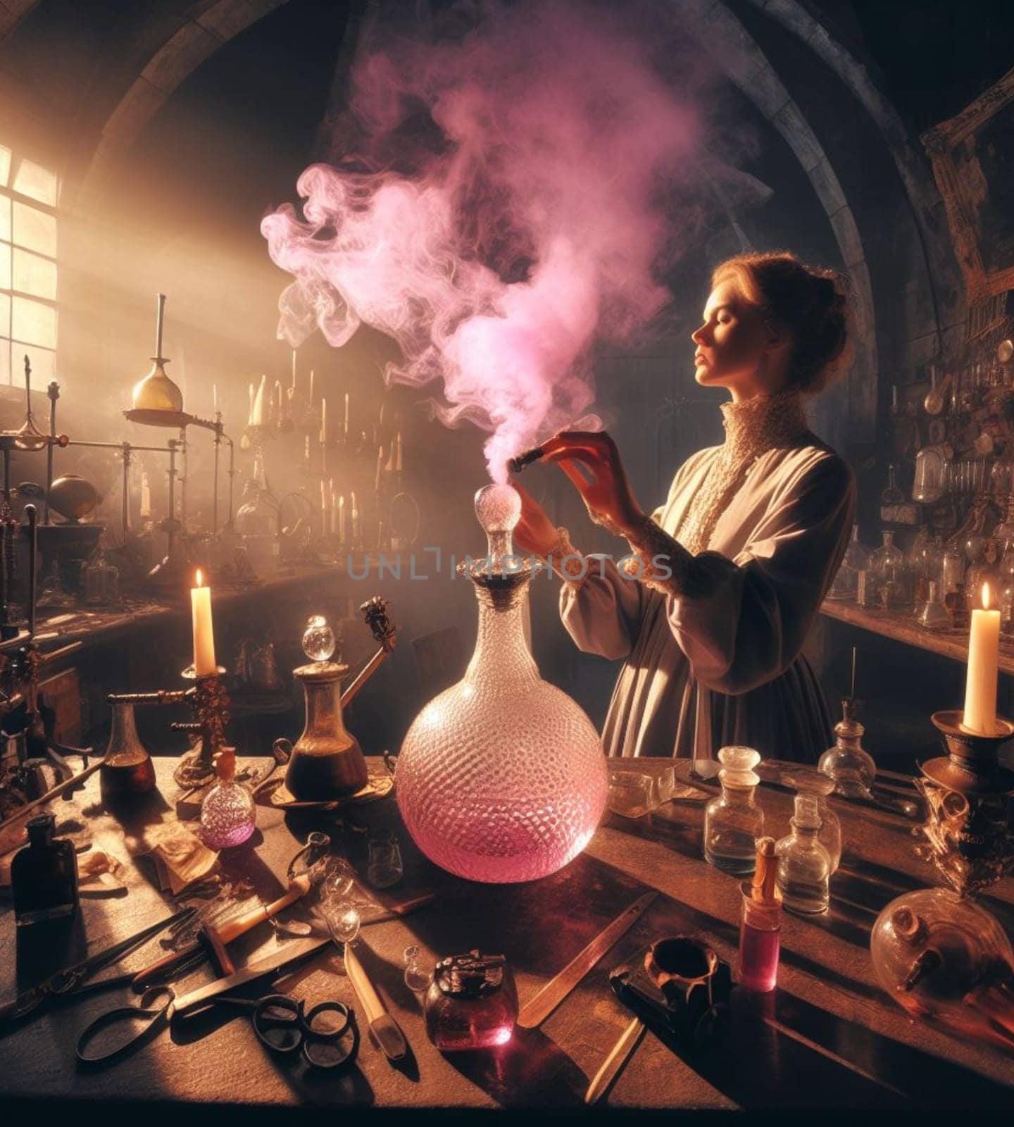 artisan perfume elixir potion maker pharmacist preparing product in medieval steampunk laboratory by verbano