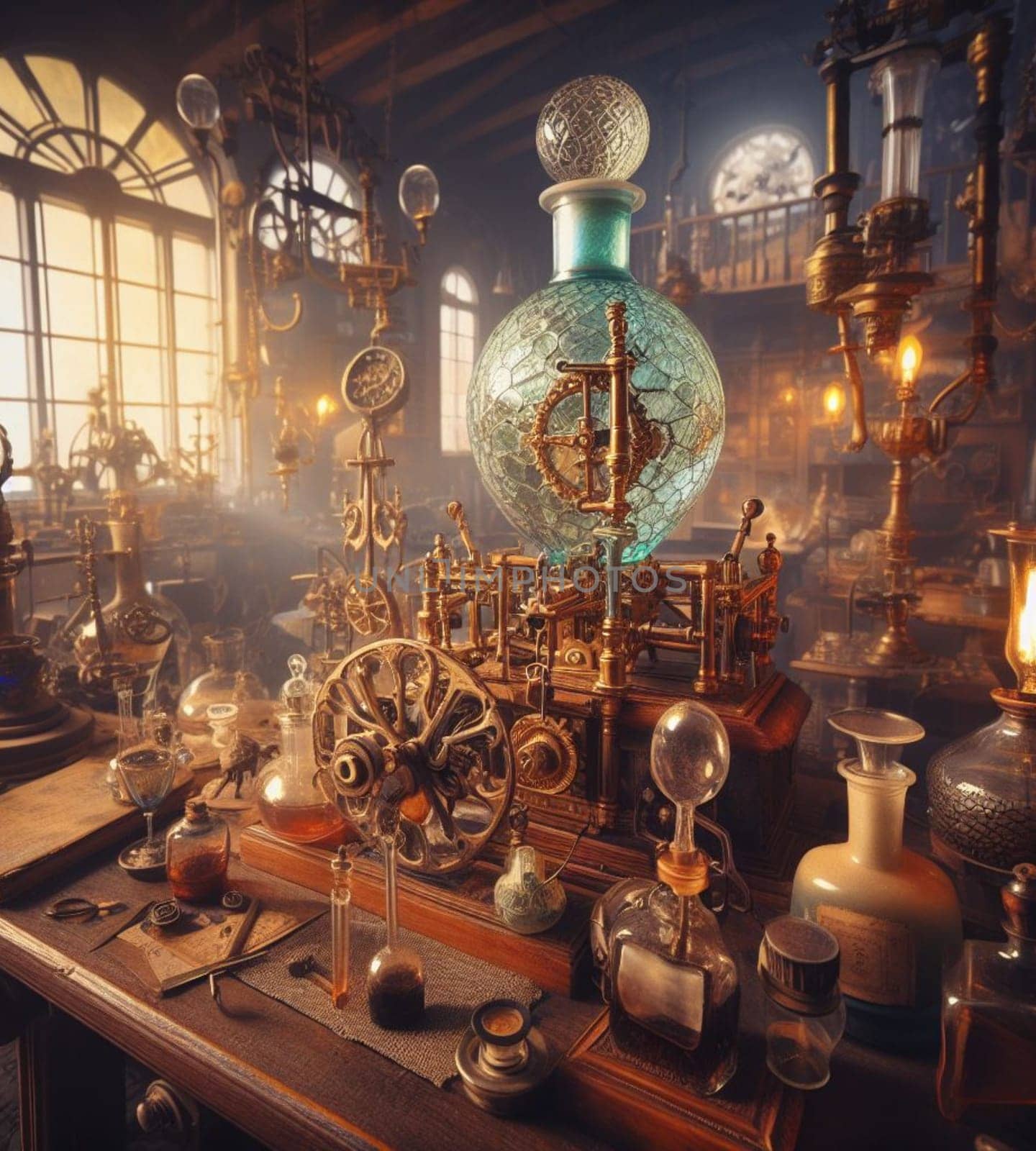 steampunk magician artisan god mechanic in lab check repair planet health as earth day concept illustration generative ai art