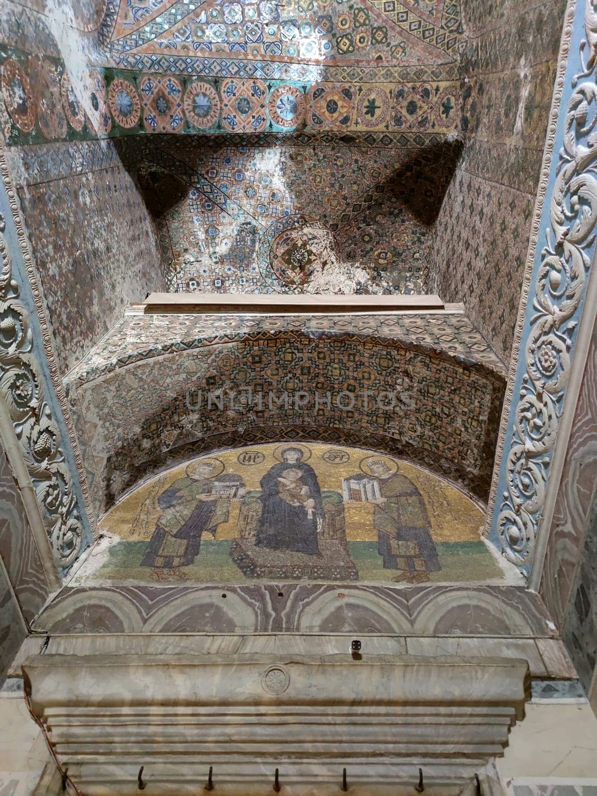 Christian painting, frescoes and mosaics on the ceiling in the Hagia Sophia Mosque in Istanbul by Annado