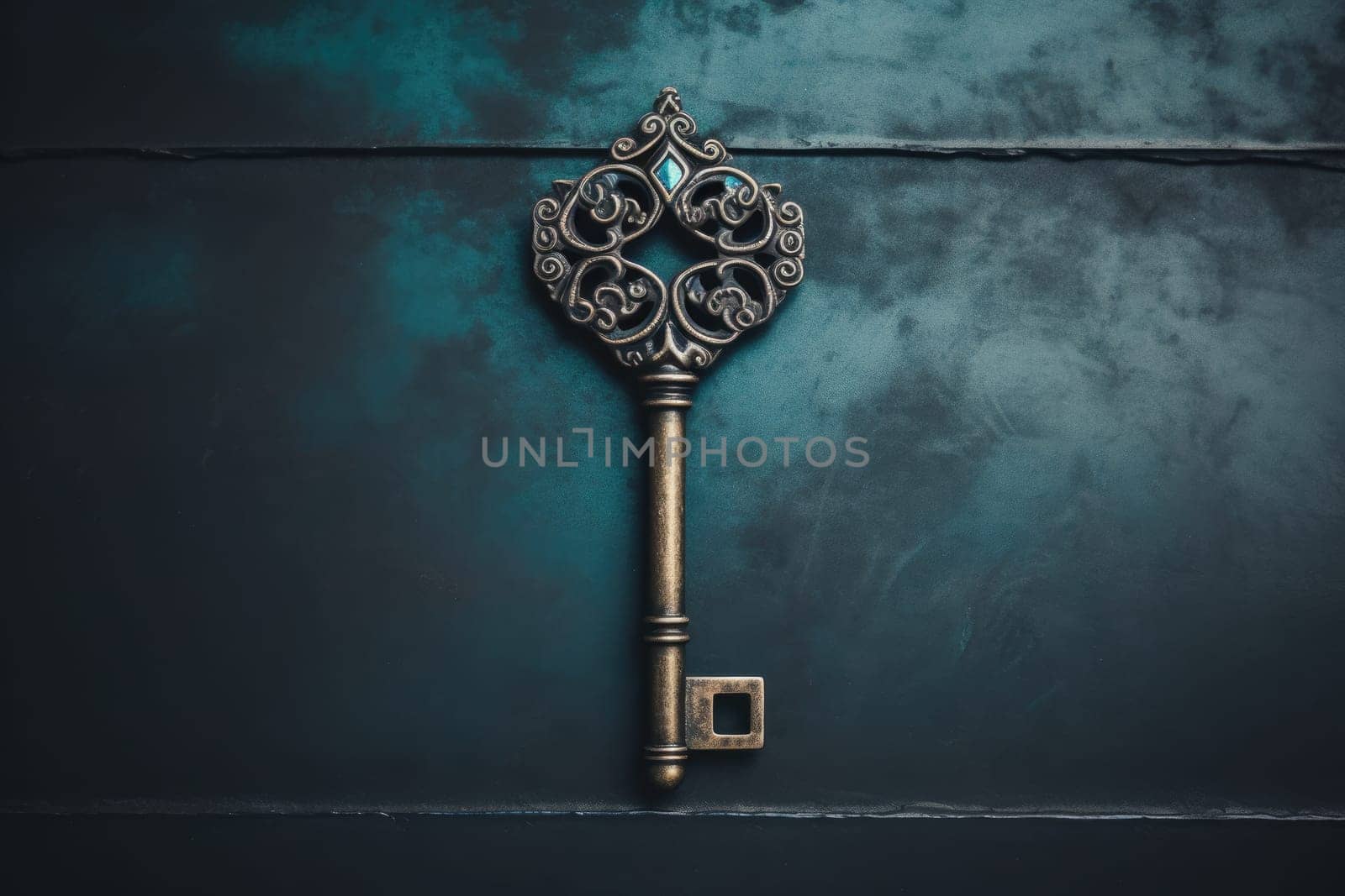 vintage Iron cast rusty old key on wooden background. AI Generated