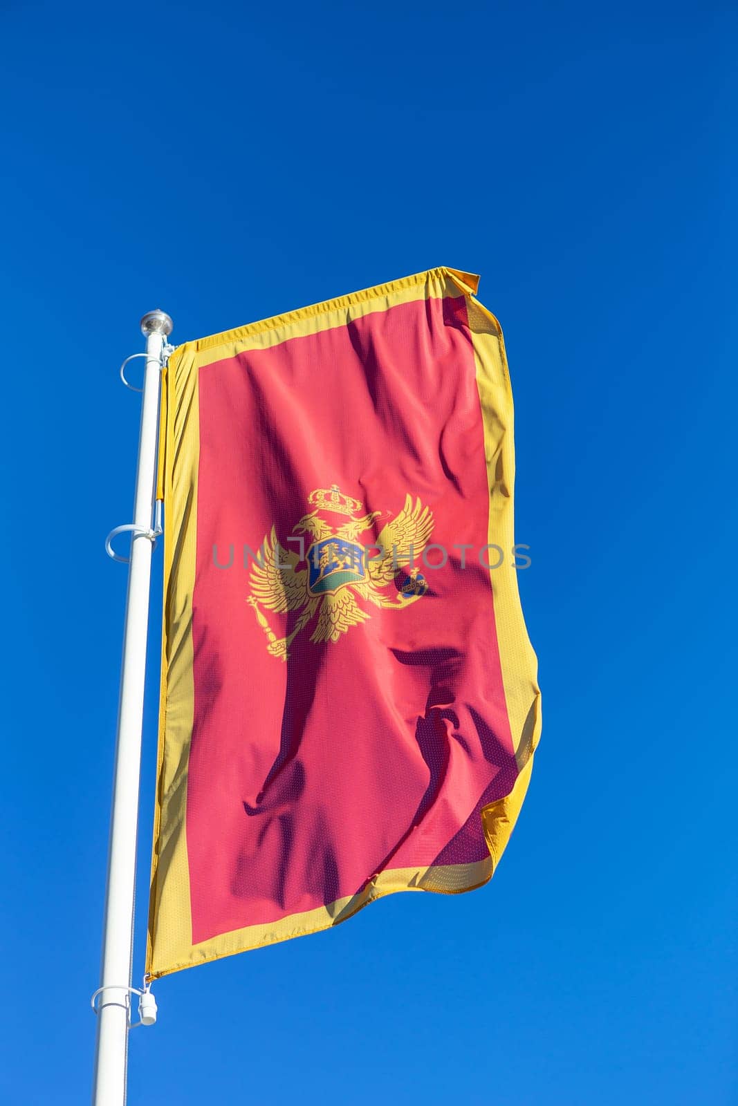 The flag of montenegro develops in a blue and clear sky. The national flag is one of the symbols of the state