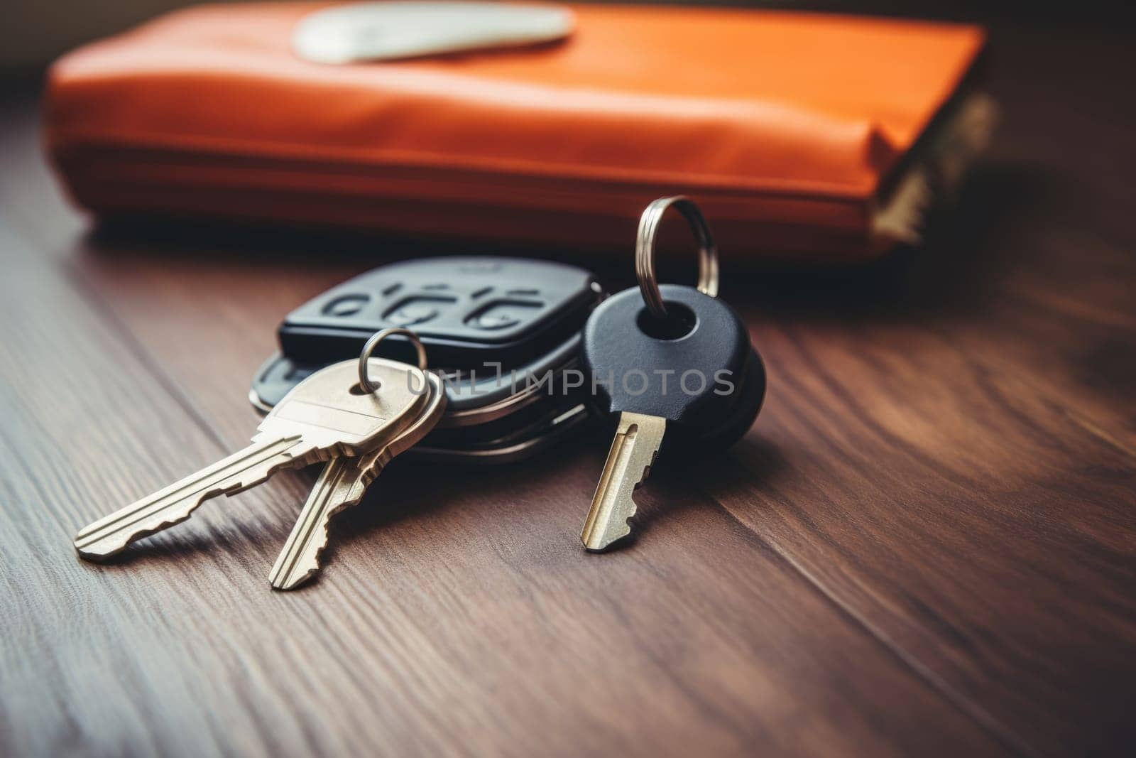 Travel Holiday with car keys and wallet on the wooden table. copy space. AI Generated