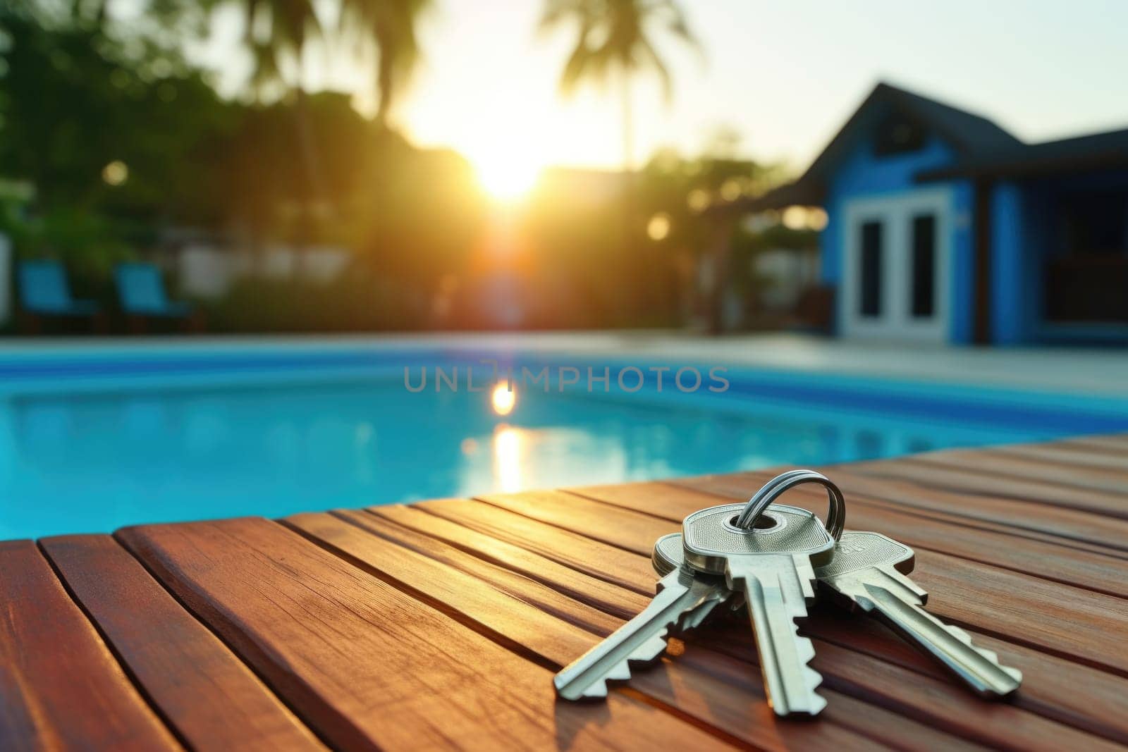 keys on wooden table by the pool, new house in the background. AI Generated