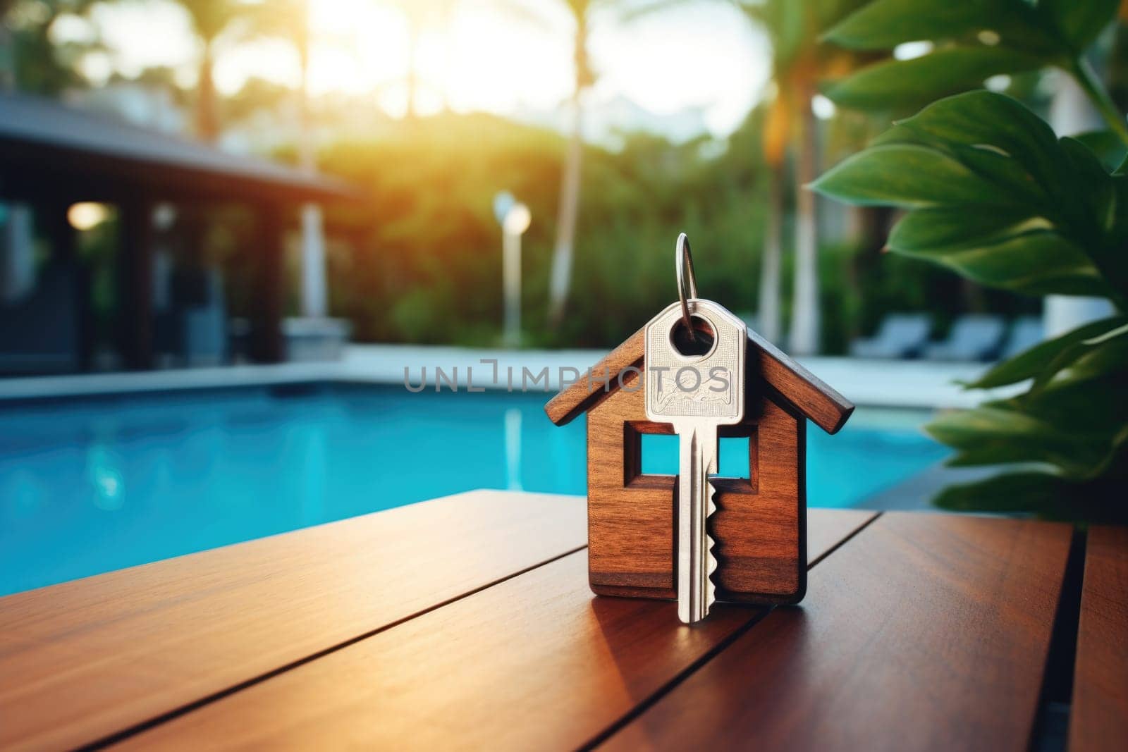 keys on wooden table by the pool, new house in the background. AI Generated