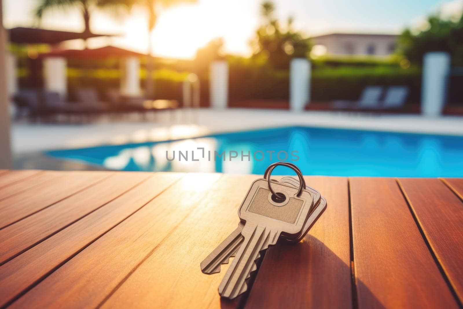 keys on table by the pool, new house in the background. AI Generated by Desperada