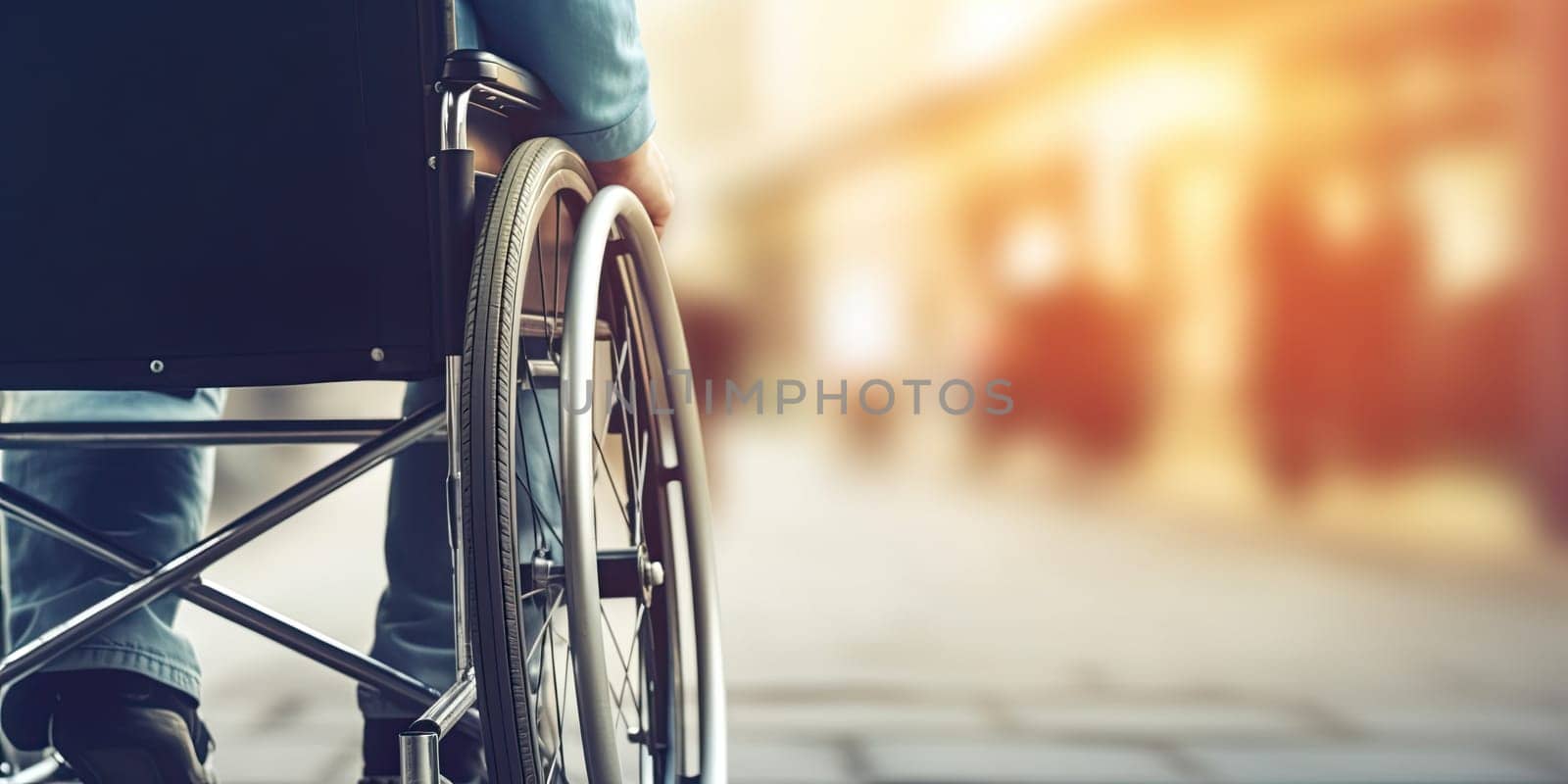 close-up of a man in a wheelchair against a blurred background by papatonic