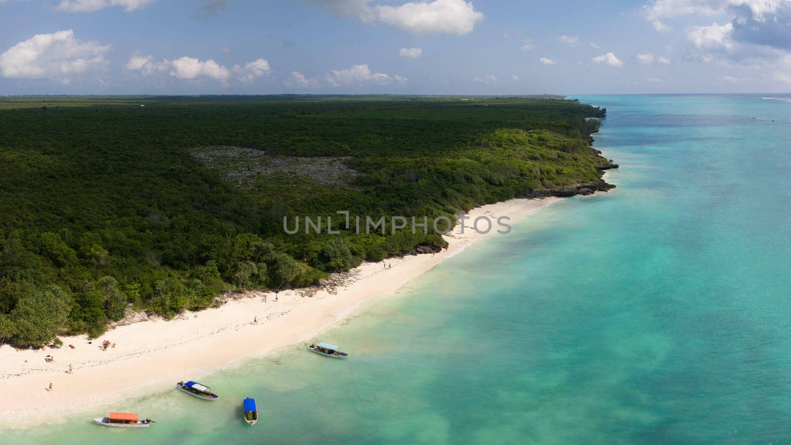 Wonderful aerial view of white sandy beach and turquoise ocean in zanzibar at sunny day by Robertobinetti70