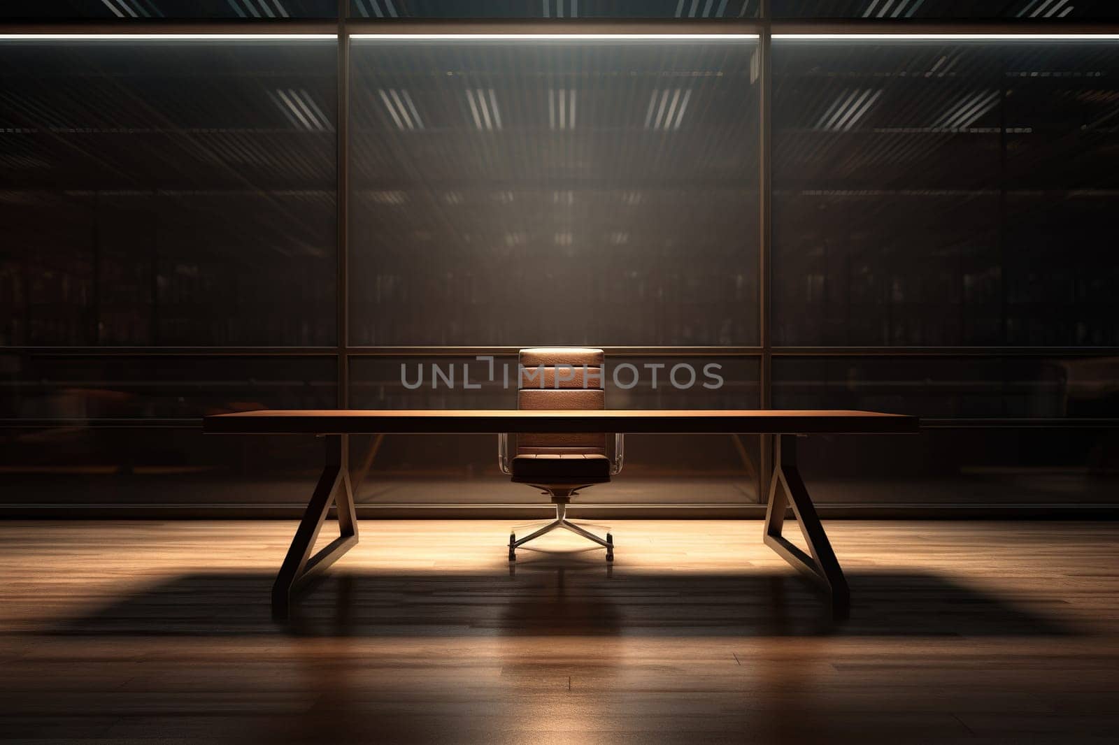 Wooden desk with chair in an empty room. Beautiful shadow on the wall. Remote work concept.