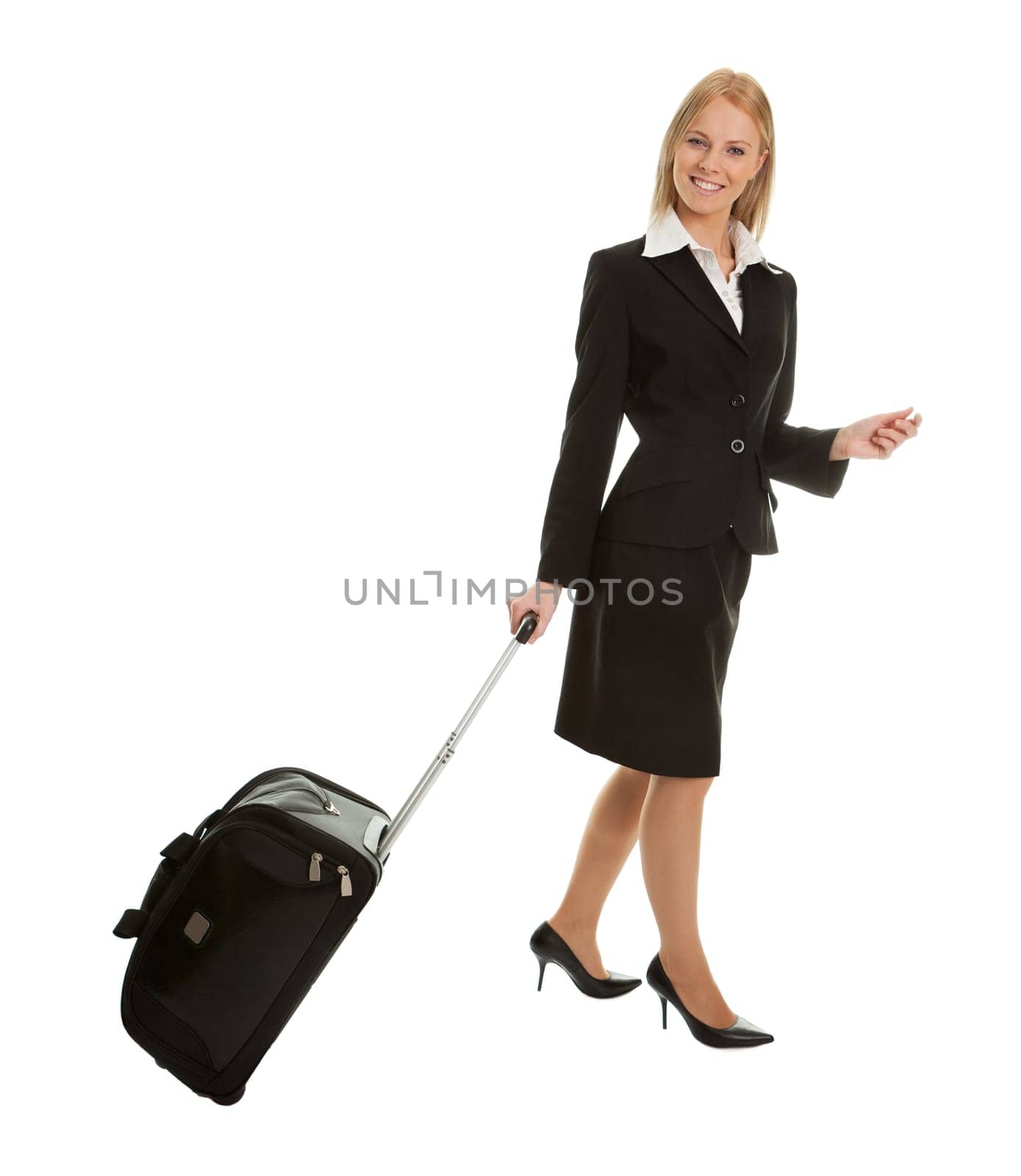Cheerful businesswomen with travel bag. Isoalted on white