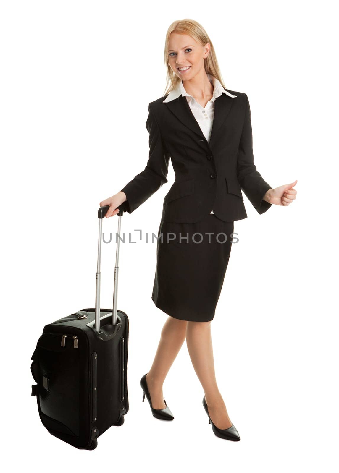 Cheerful businesswomen with travel bag. Isoalted on white