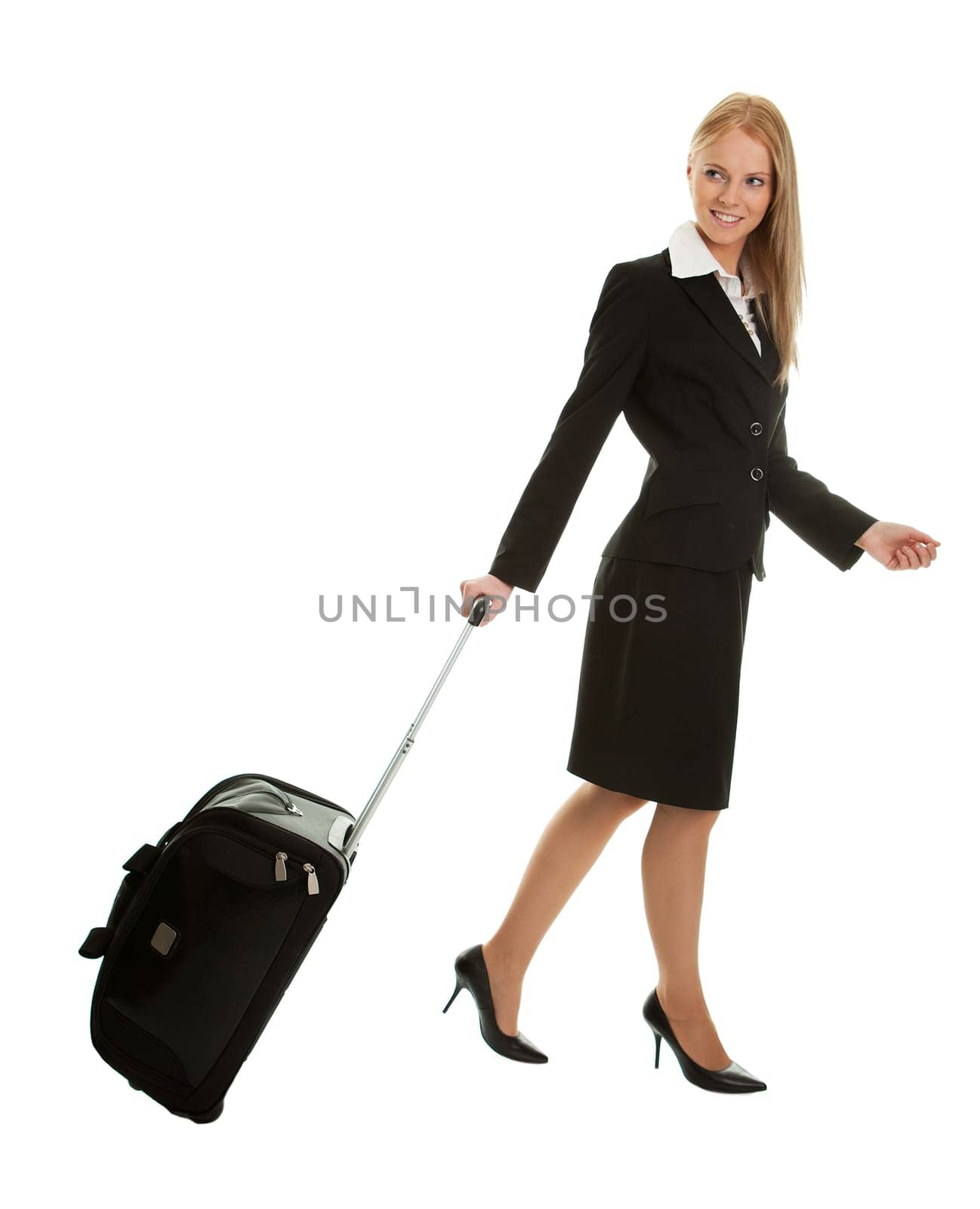 Cheerful businesswomen with travel bag. Isoalted on white