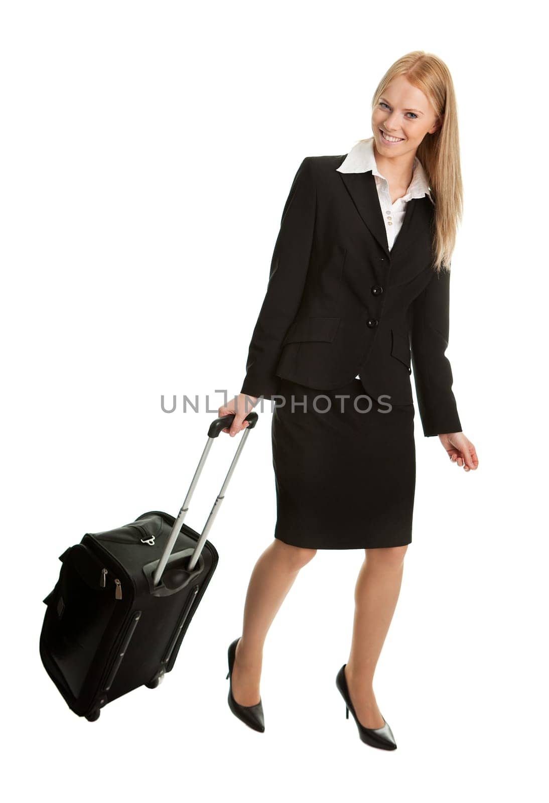 Cheerful businesswomen with travel bag. Isoalted on white