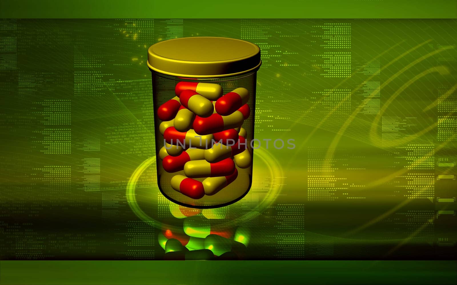 Digital illustration of capsule bottle in colour background