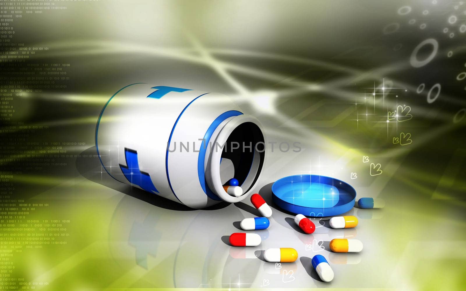 Digital illustration of capsule bottle in colour background