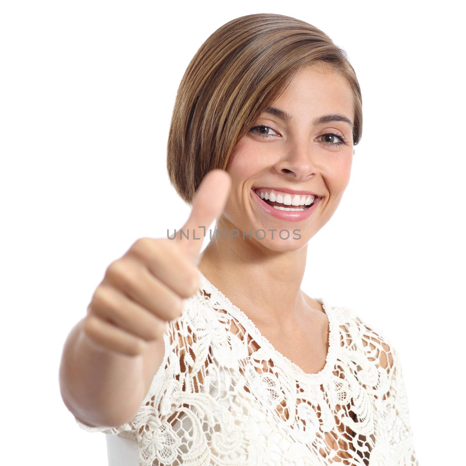 Beauty woman with perfect smile and white teeth gesturing thumb up isolated on a white background