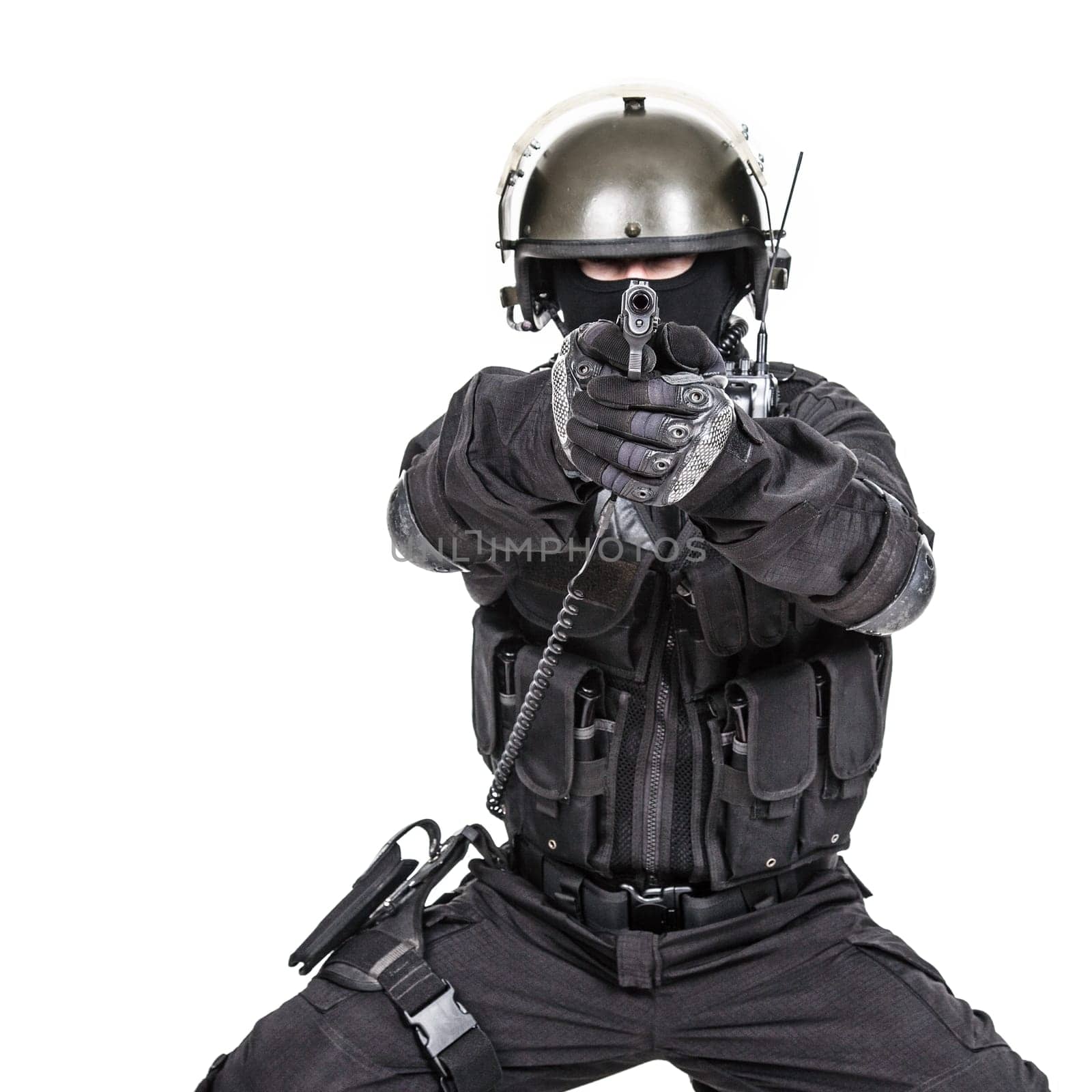 Spec ops soldier in black uniform and face mask aiming his pistol