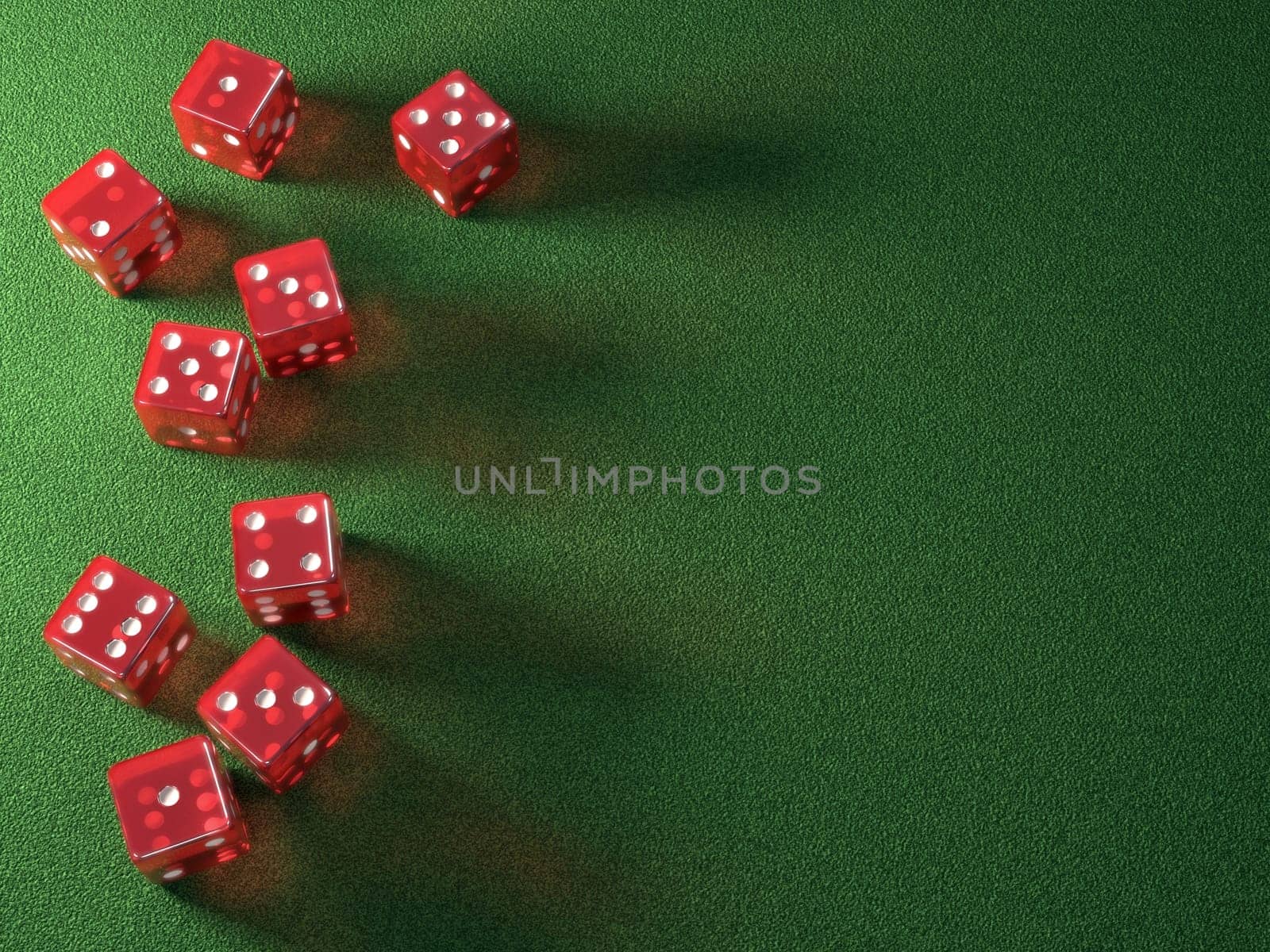 Red dice on green table. Your text on the empty space. Clipping path included.