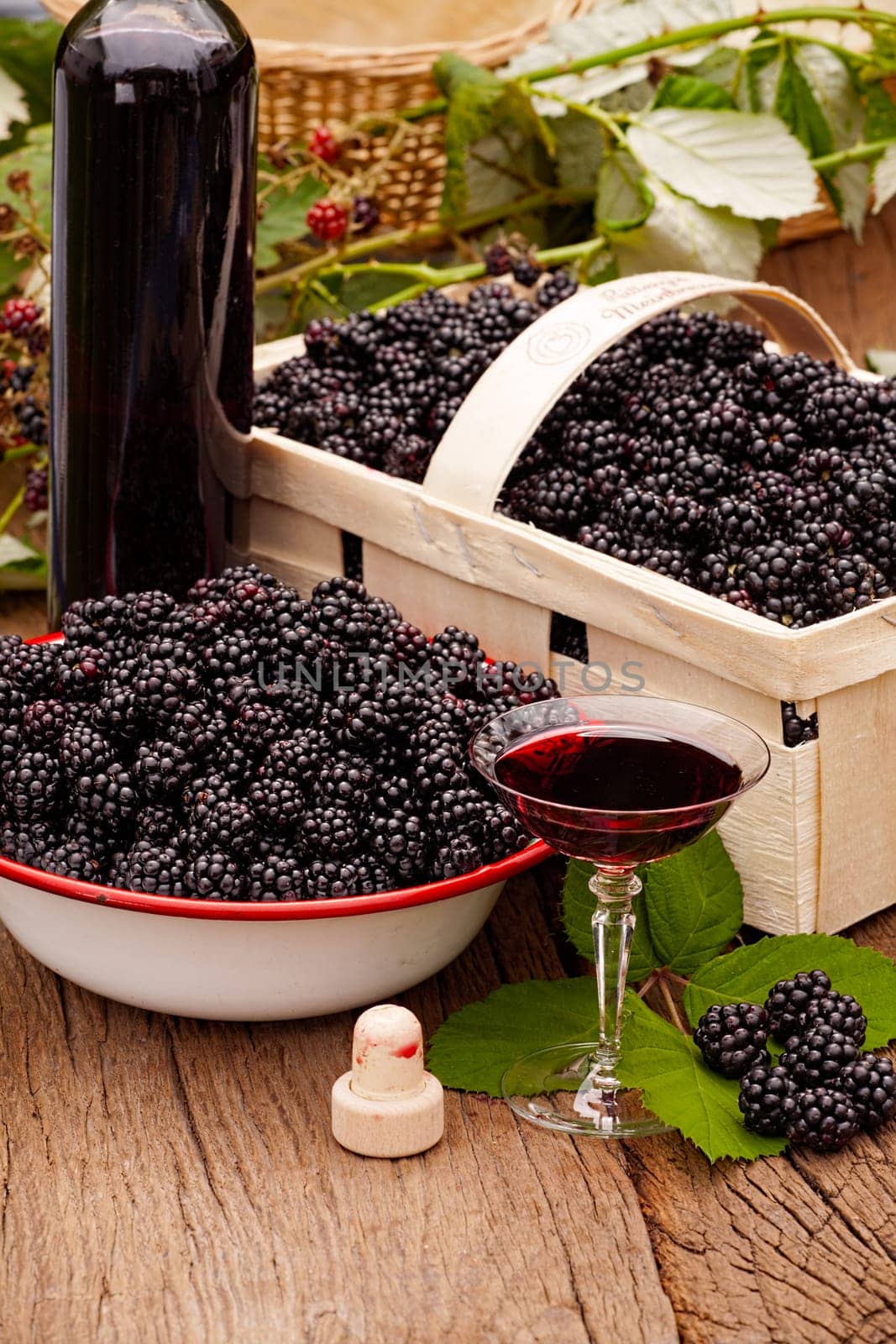 Fresh blackberries and homemade blackberry liqueur