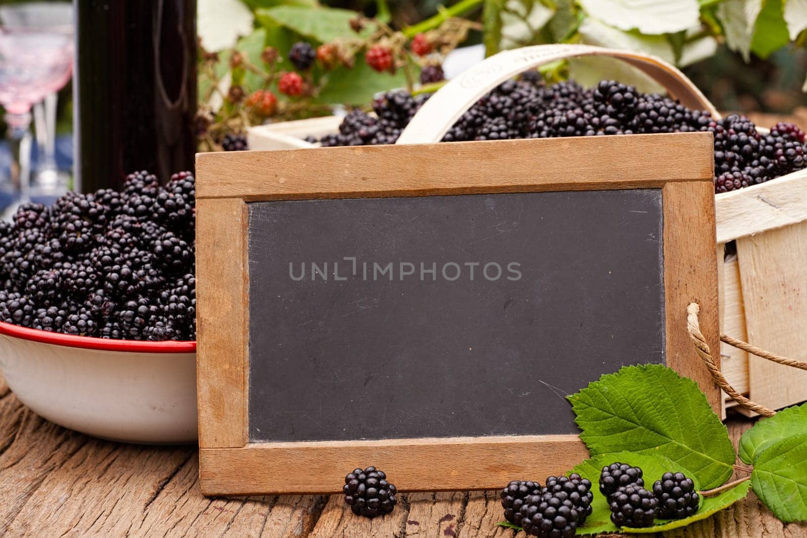 Slate board with text area in front of freshly harvested blackberries