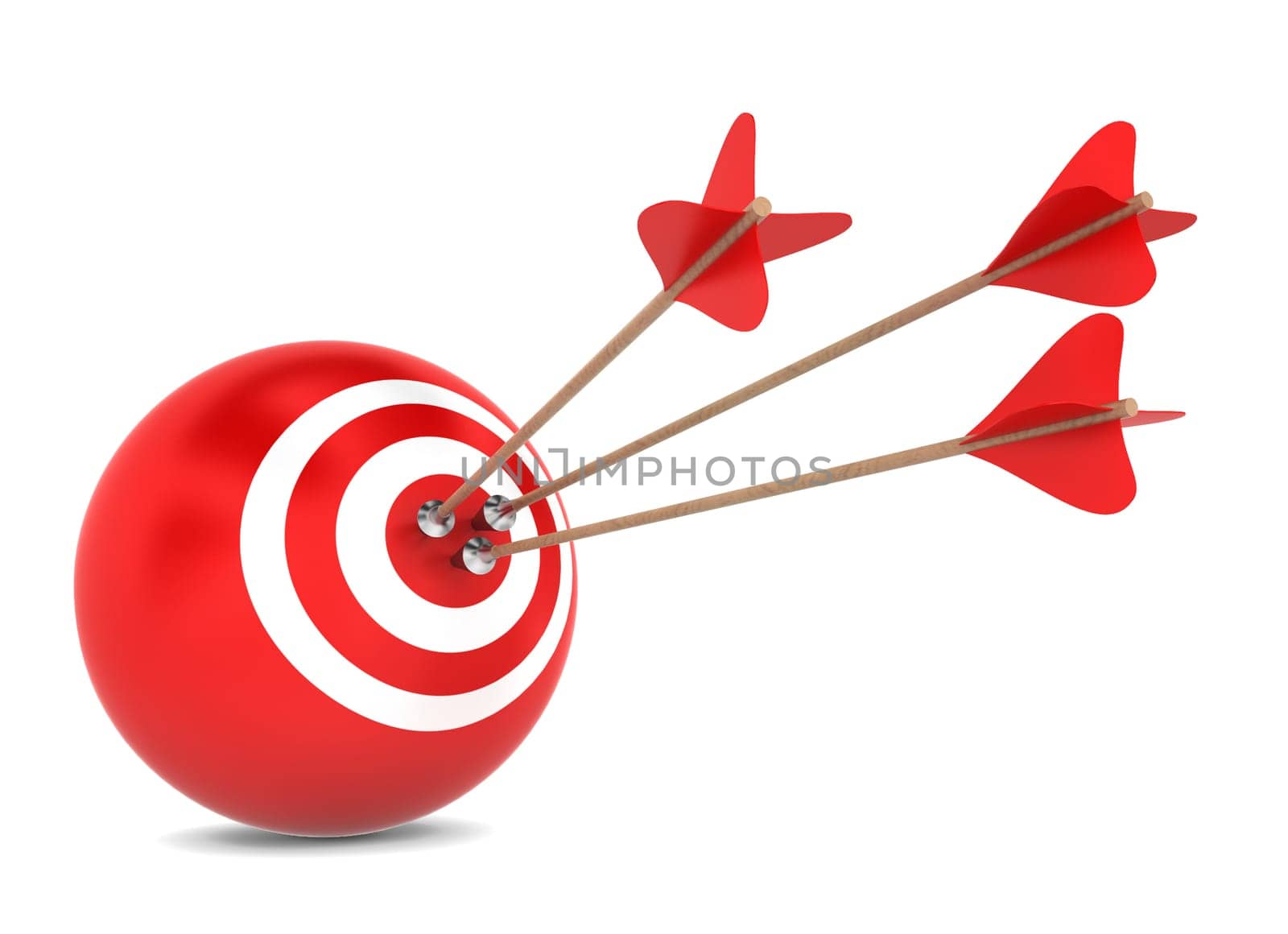 Arrows hit spherical aim. 3d illustration on white background