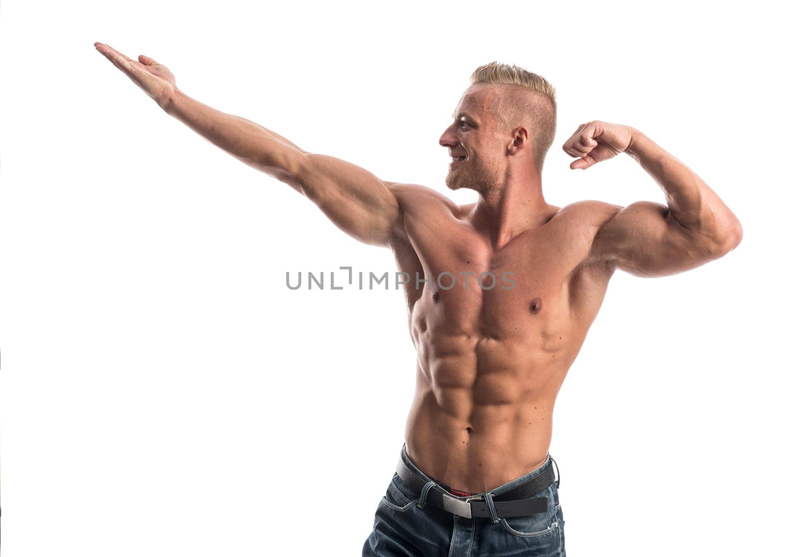a well-trained young man shows his muscles through various body postures