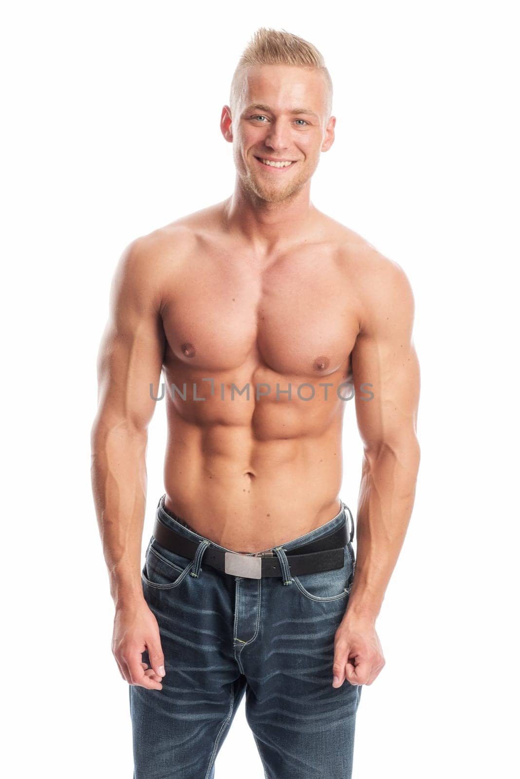a well-trained young man shows his muscles through various body postures