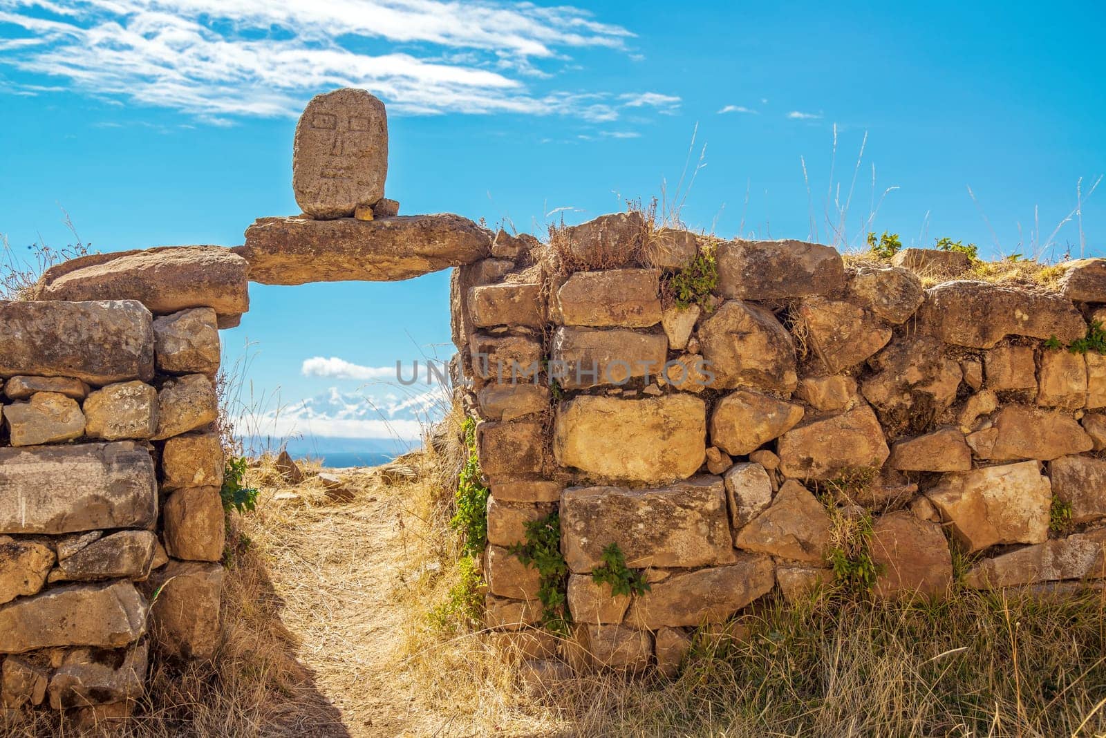 Entrance to Palace of the Inca, ancient Incan ruins on the Island of the Sun on the Bolivian side of Lake Titicaca