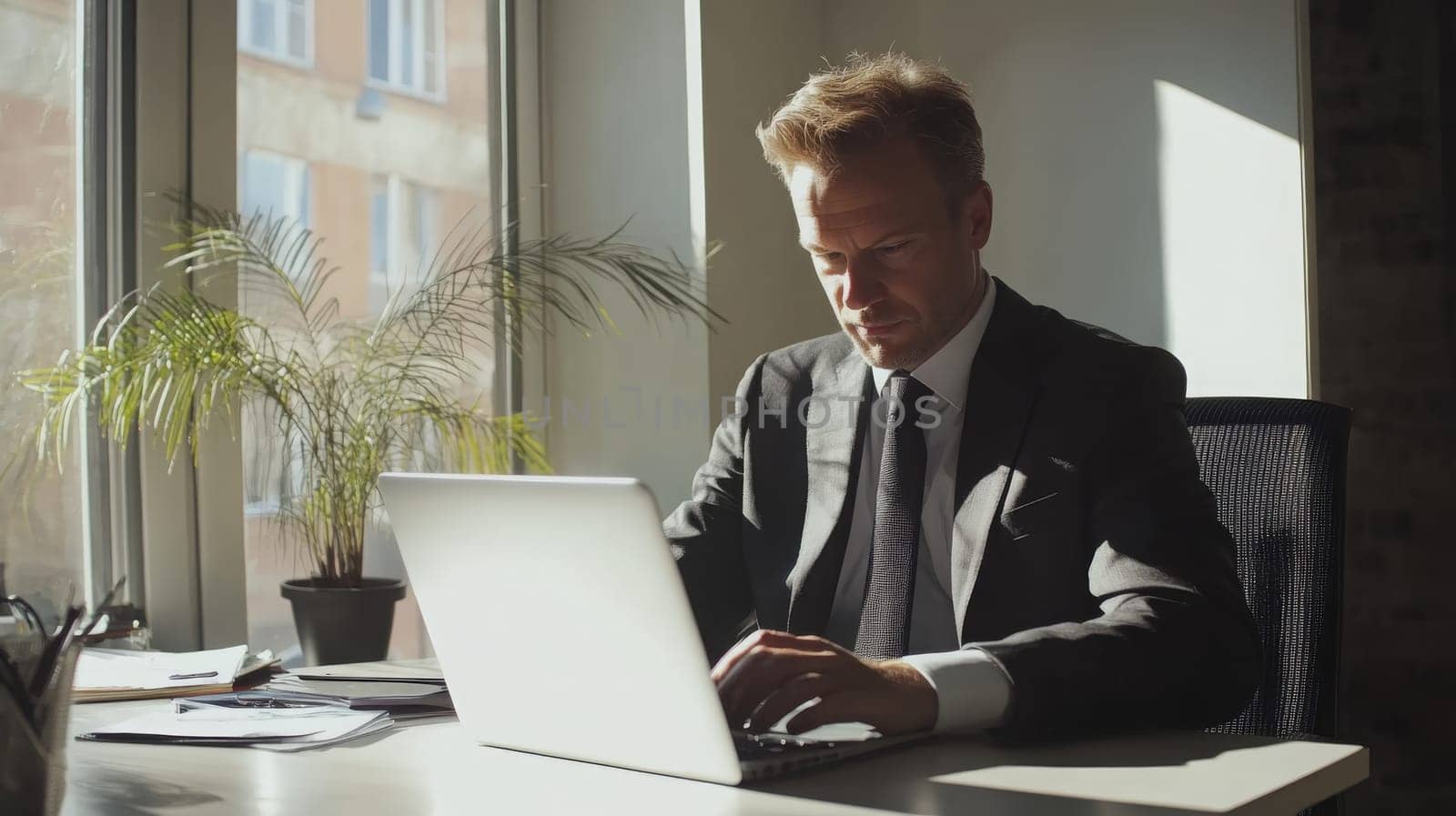 man in office working on computer, Generative AI, people
