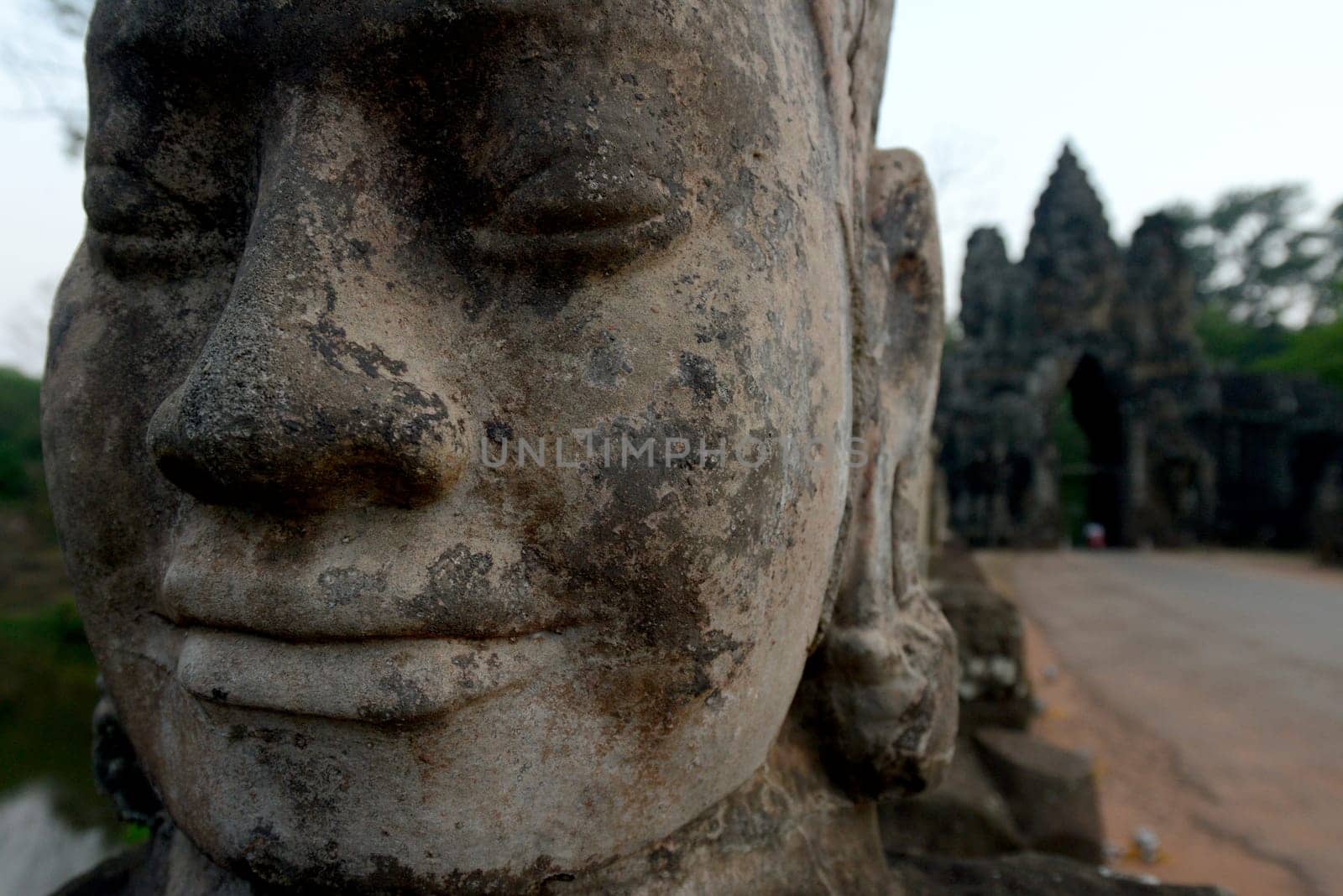 The Bridge at the Angkor Tom Gate in the Temple City of Angkor near the City of Siem Riep in the west of Cambodia.
